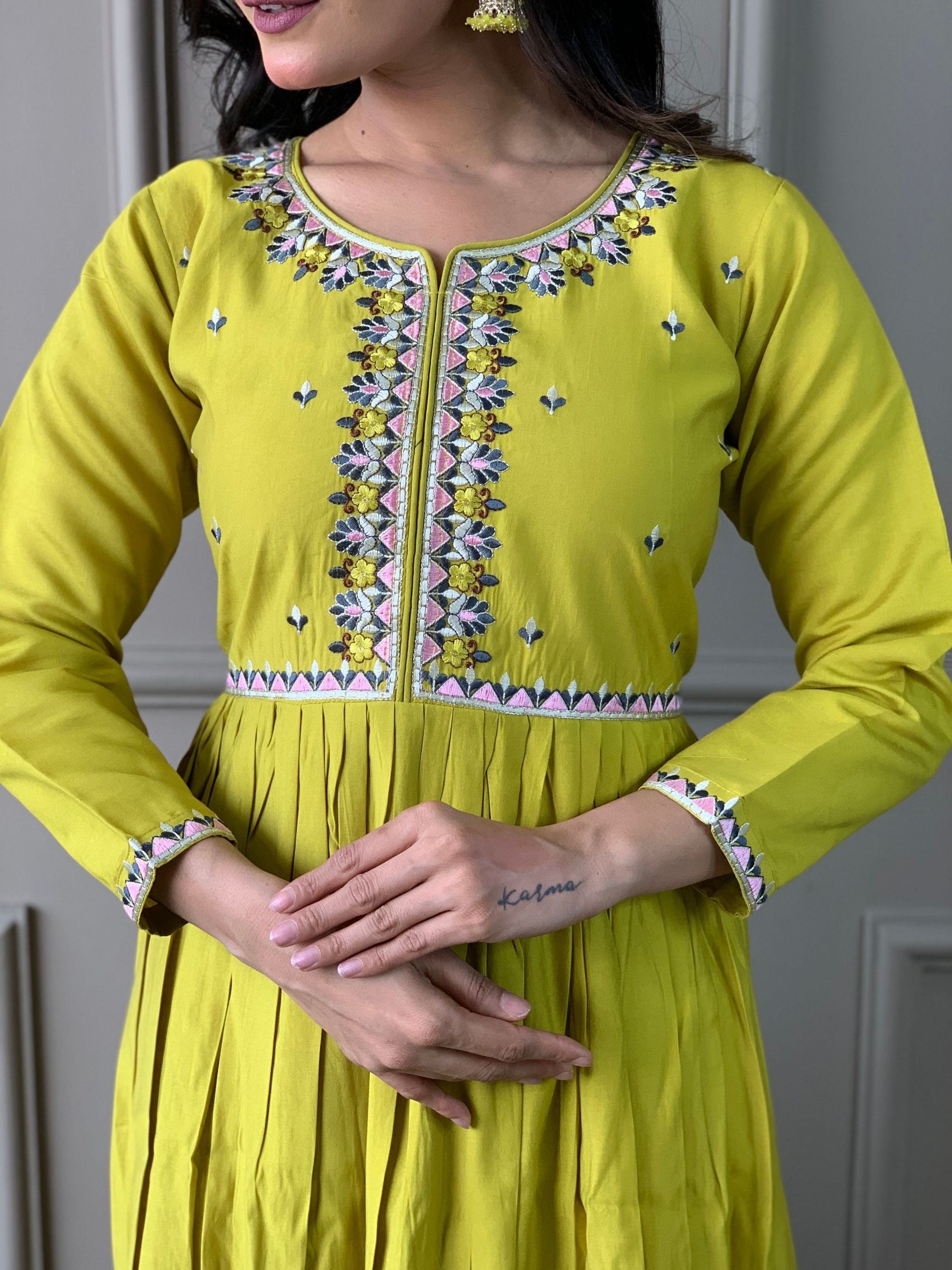 Lemon colour Chanderi Viscose Embroidered Ethnic Set