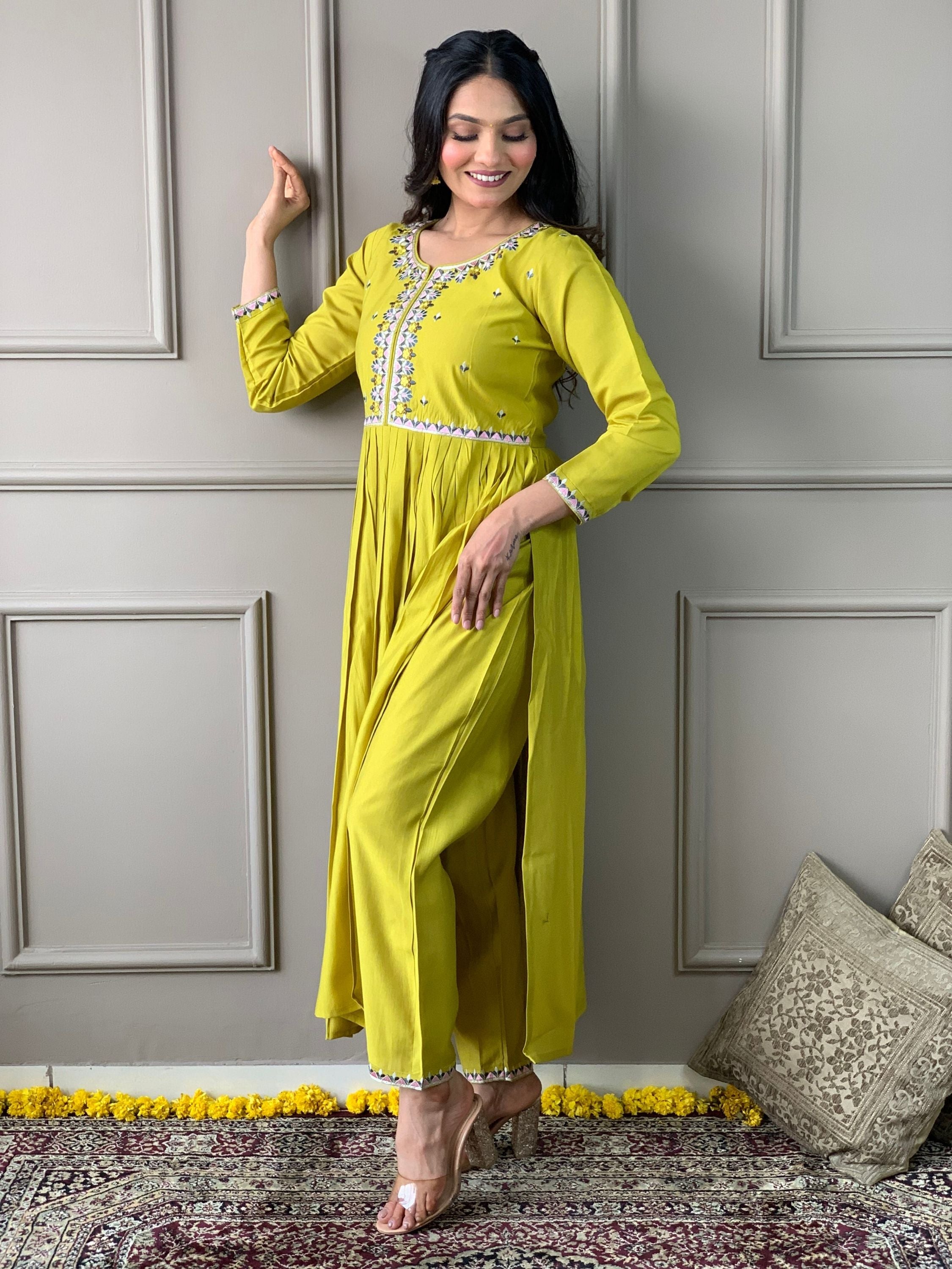 Lemon colour Chanderi Viscose Embroidered Ethnic Set