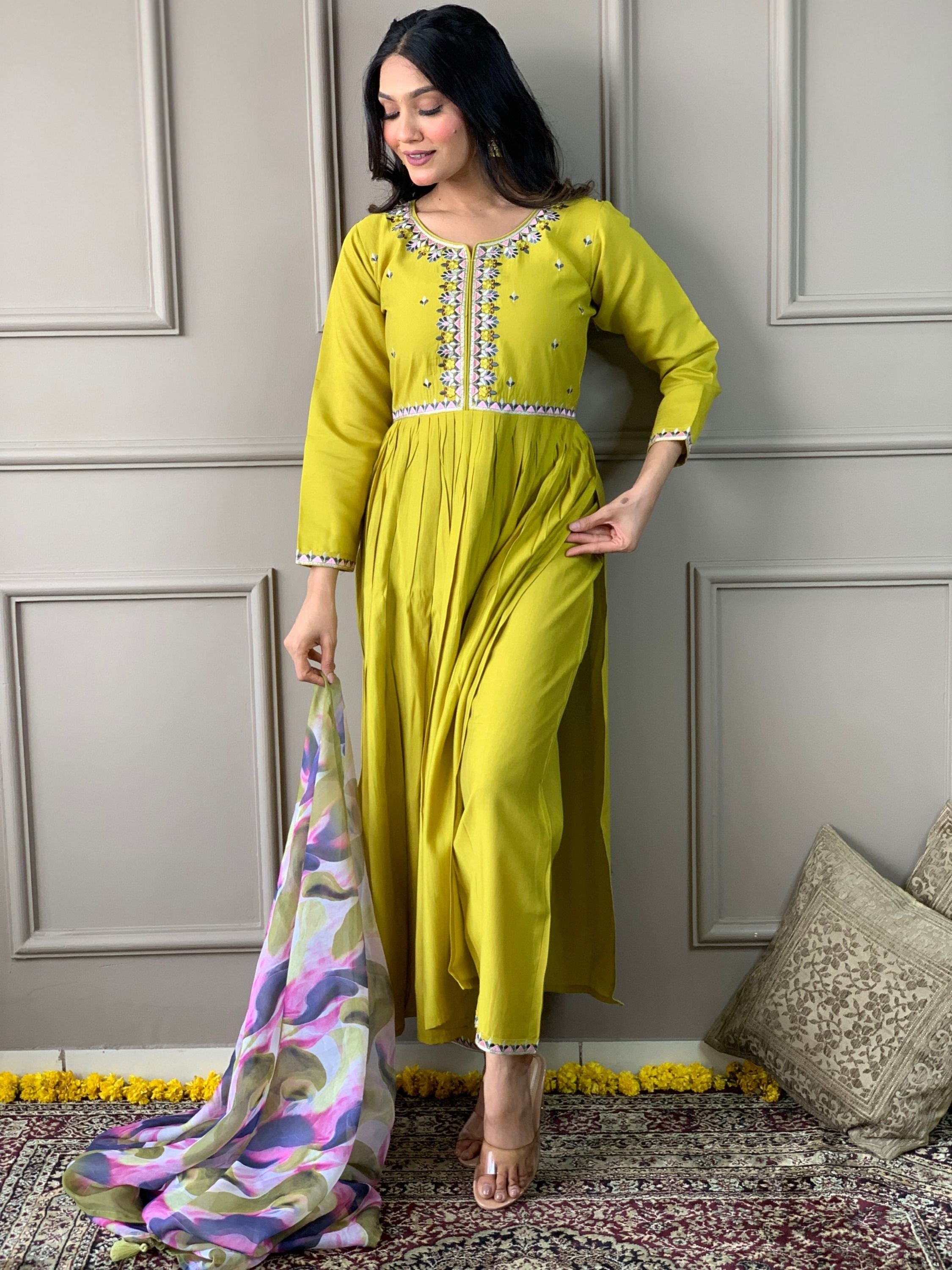 Lemon colour Chanderi Viscose Embroidered Ethnic Set