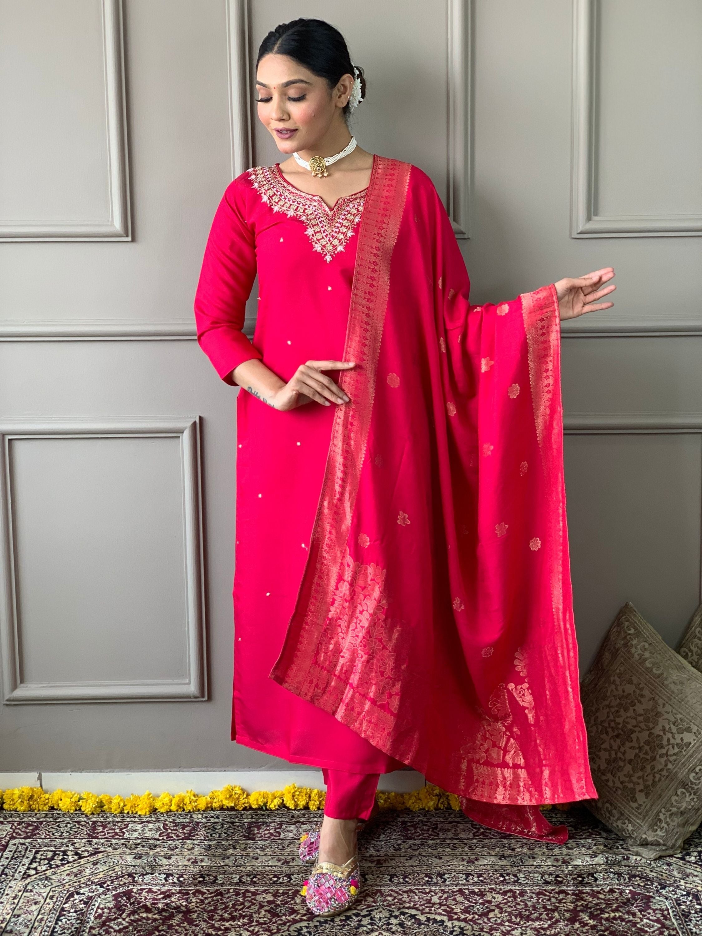 Red Colour Viscose Embroidered Kurta With Bottom & Dupatta Set