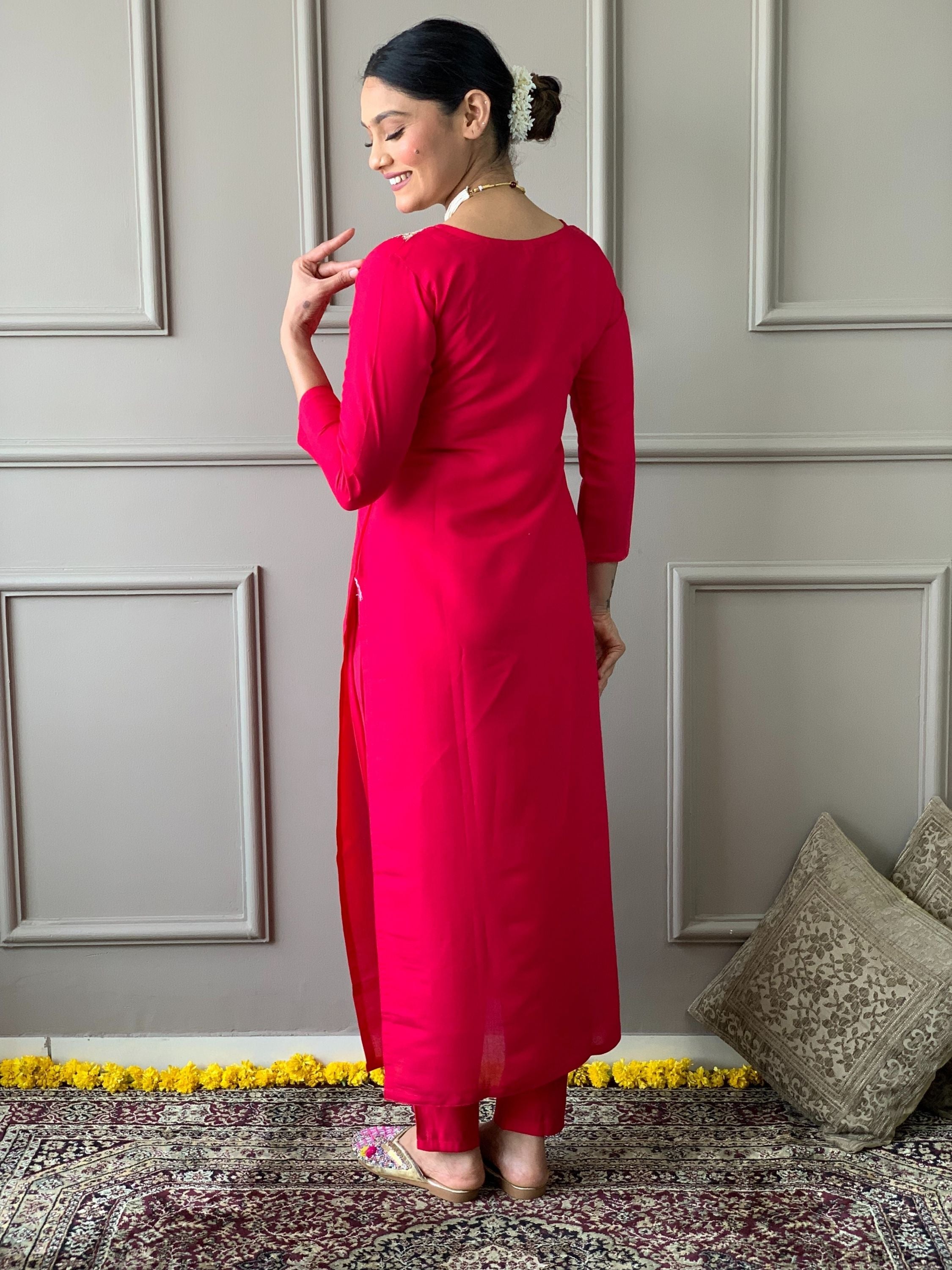 Red Colour Viscose Embroidered Kurta With Bottom & Dupatta Set