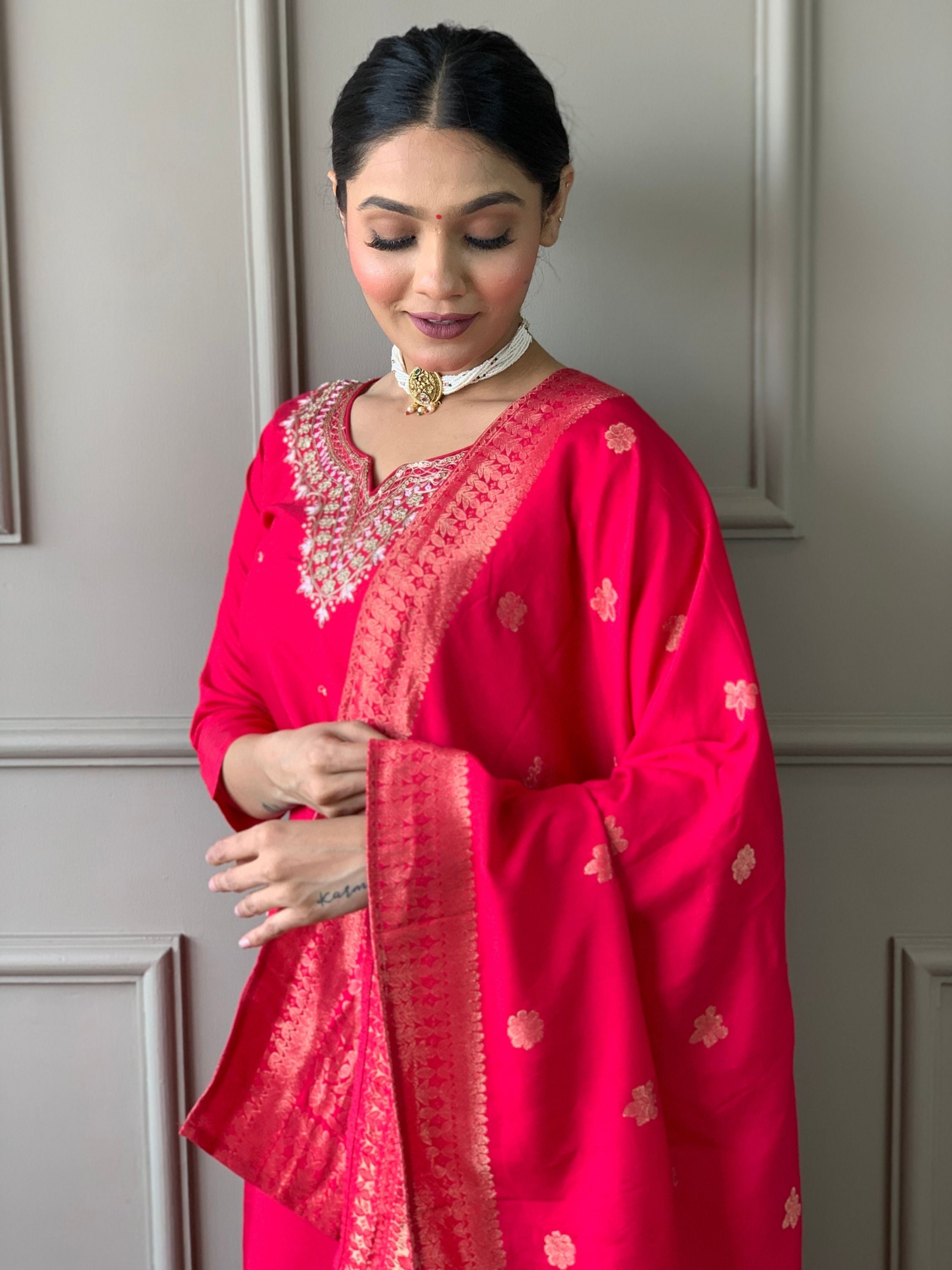 Red Colour Viscose Embroidered Kurta With Bottom & Dupatta Set