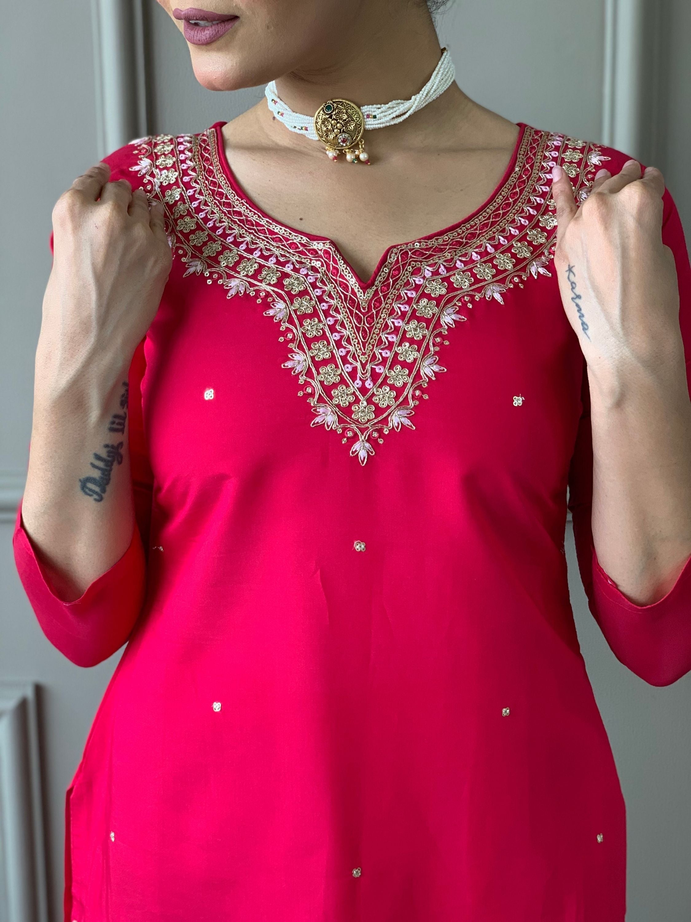 Red Colour Viscose Embroidered Kurta With Bottom & Dupatta Set