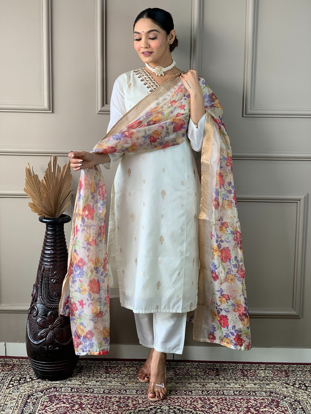 Chanderi Viscose V-Neck Embroidered Kurta With Bottom & Dupatta Set