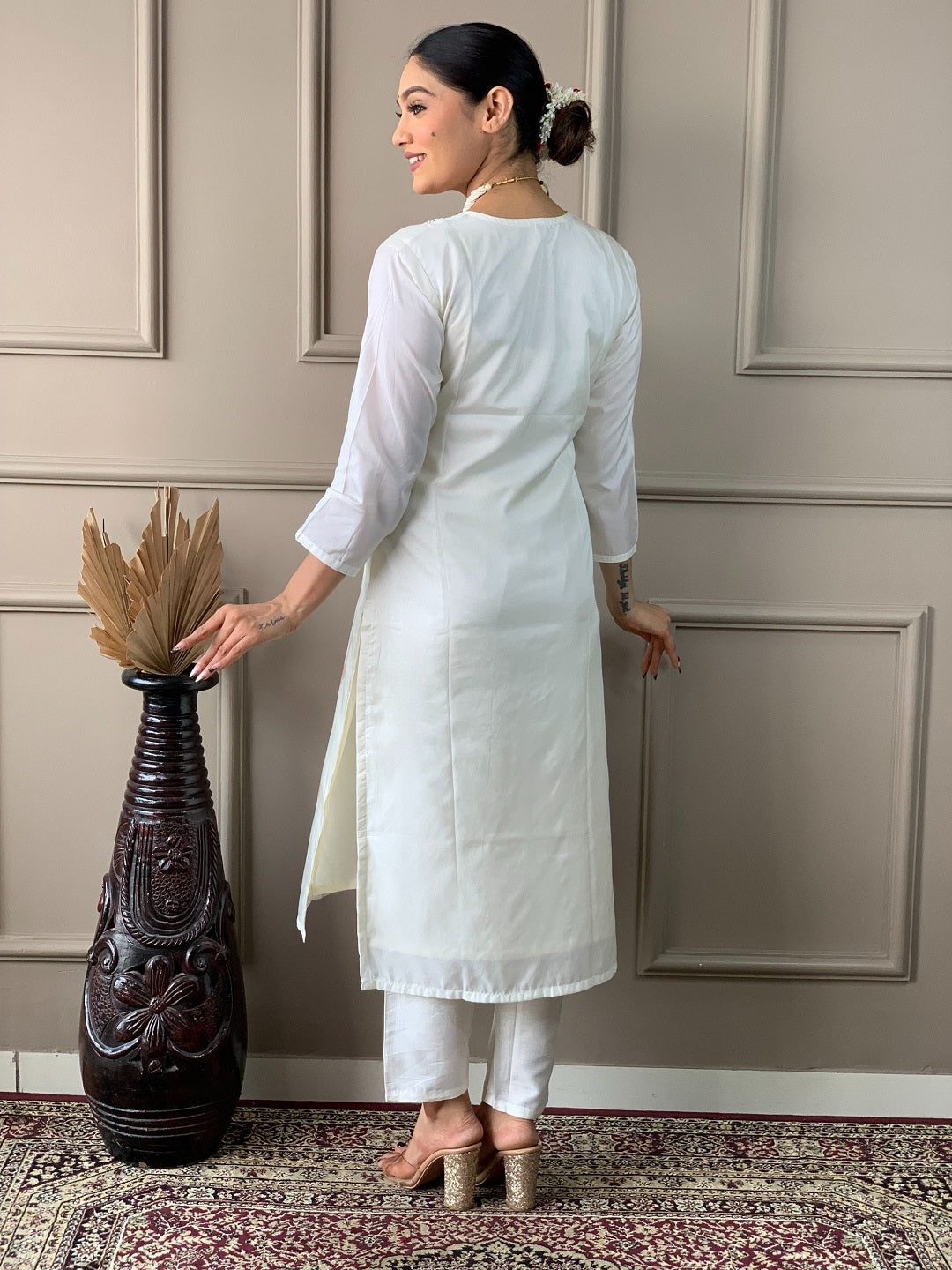 Chanderi Viscose V-Neck Embroidered Kurta With Bottom & Dupatta Set