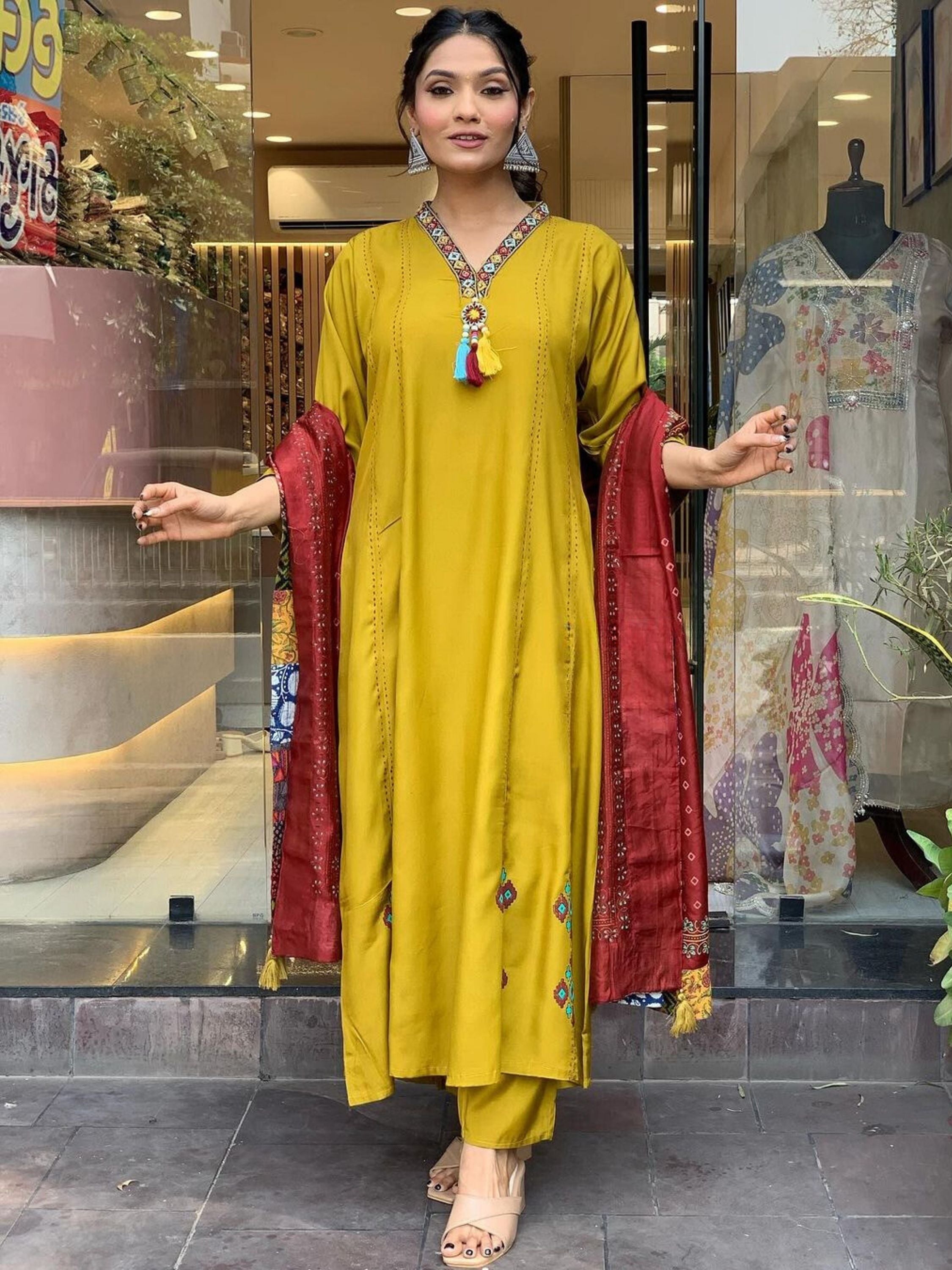 Mustard Colour Chanderi Viscose Embroidered Kurta With Bottom & Dupatta Set