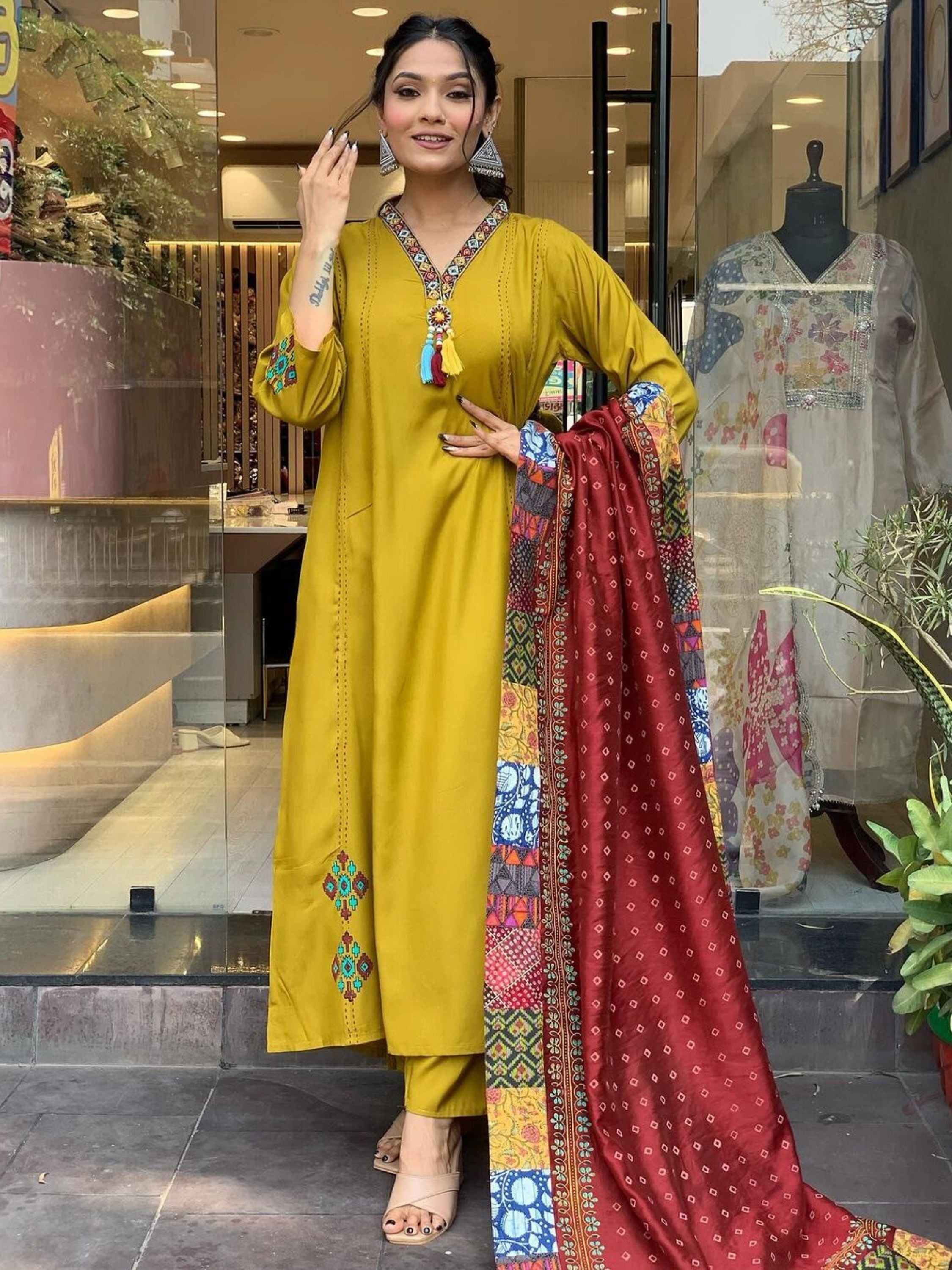 Mustard Colour Chanderi Viscose Embroidered Kurta With Bottom & Dupatta Set