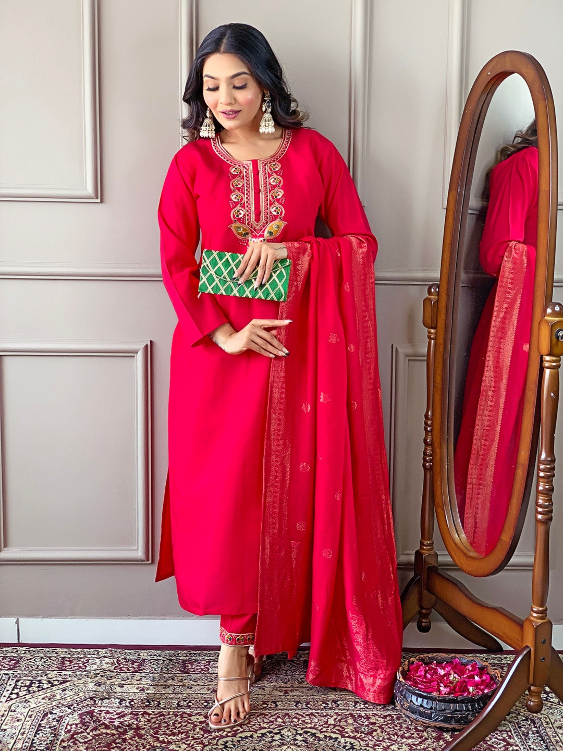 Dark Red Colour Chanderi Viscose Embroidered Kurta With Bottom & Dupatta Set