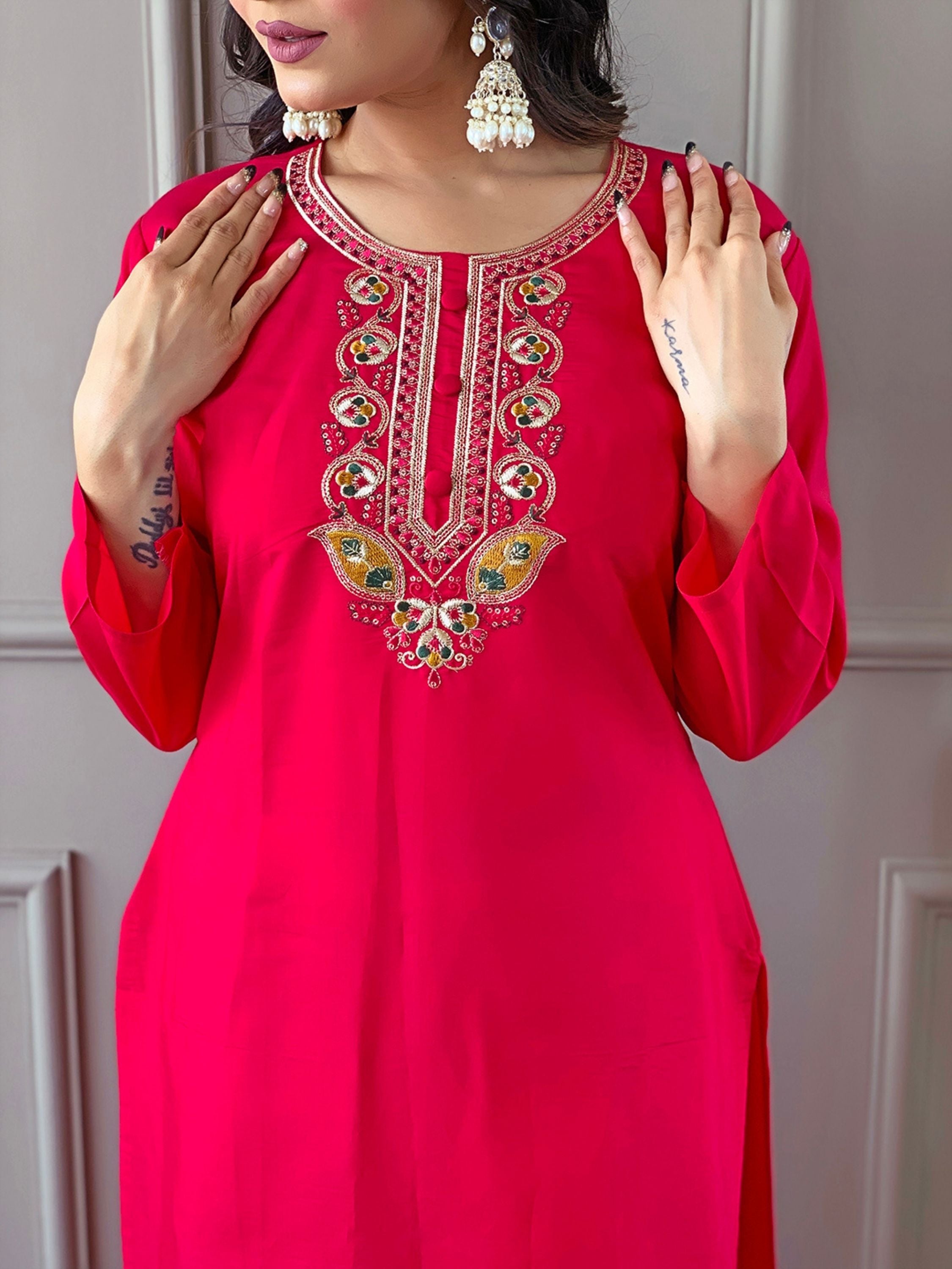 Dark Red Colour Chanderi Viscose Embroidered Kurta With Bottom & Dupatta Set