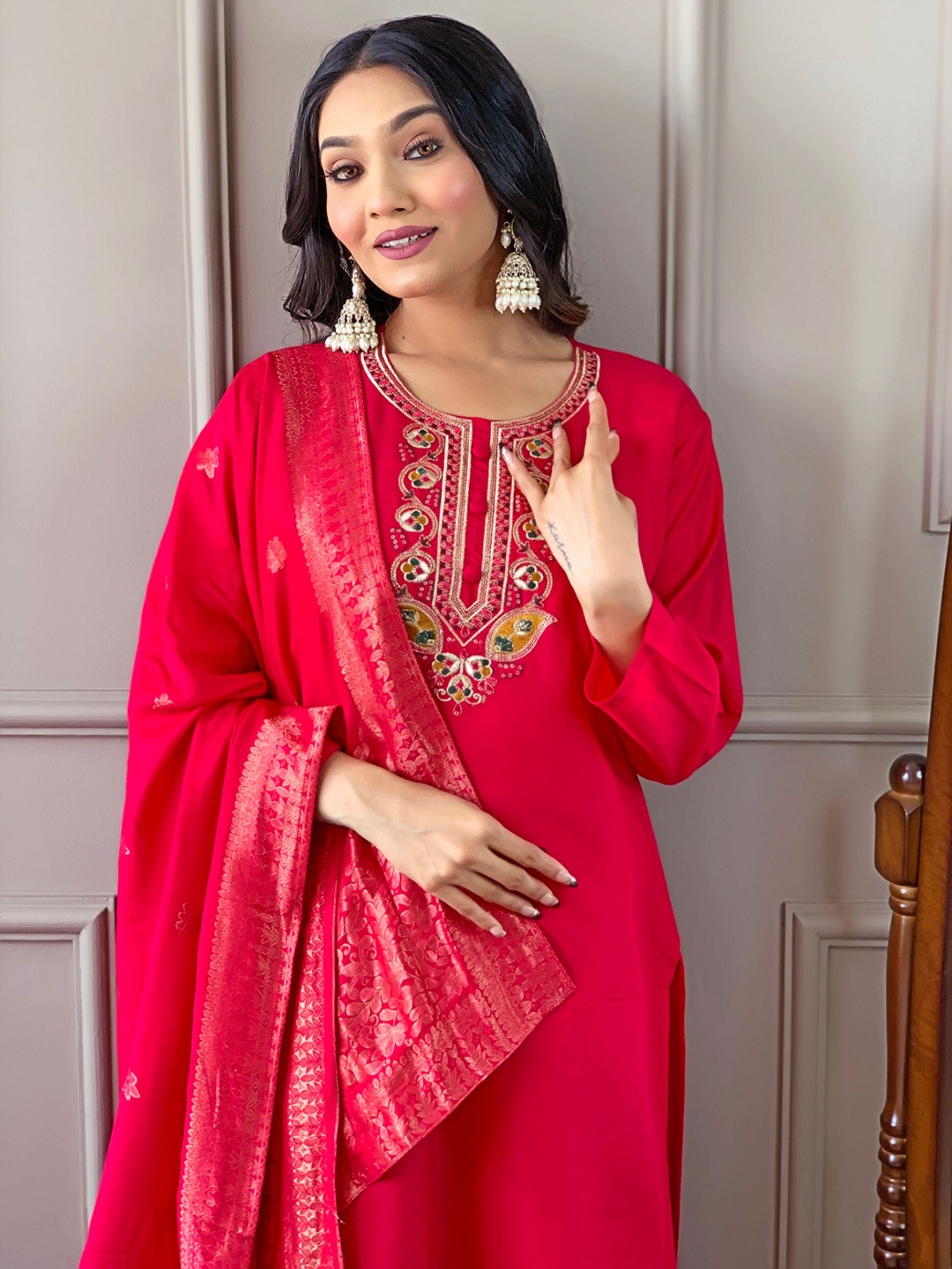 Dark Red Colour Chanderi Viscose Embroidered Kurta With Bottom & Dupatta Set