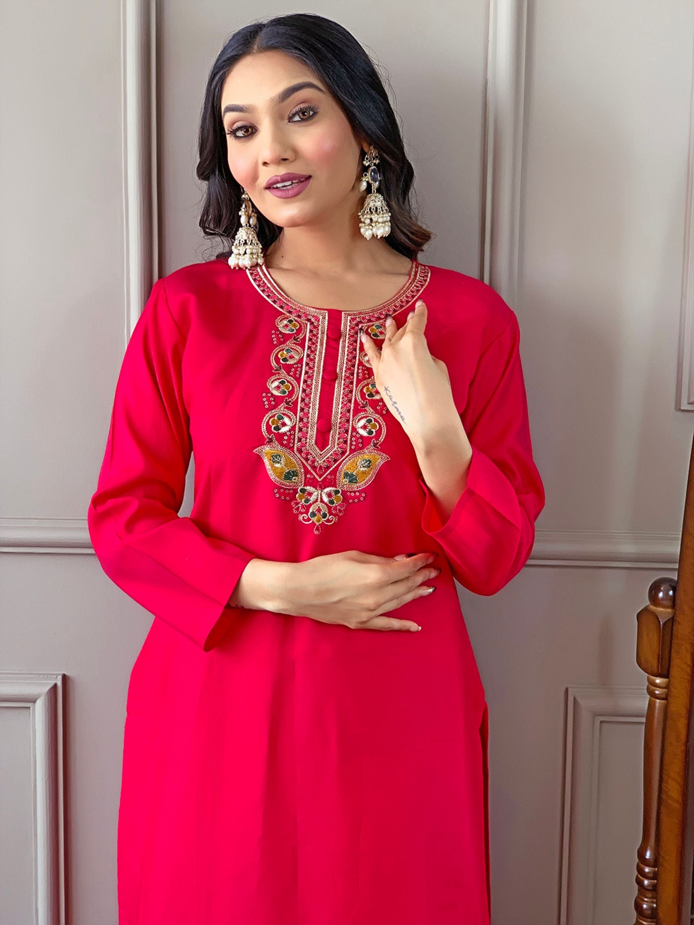 Dark Red Colour Chanderi Viscose Embroidered Kurta With Bottom & Dupatta Set