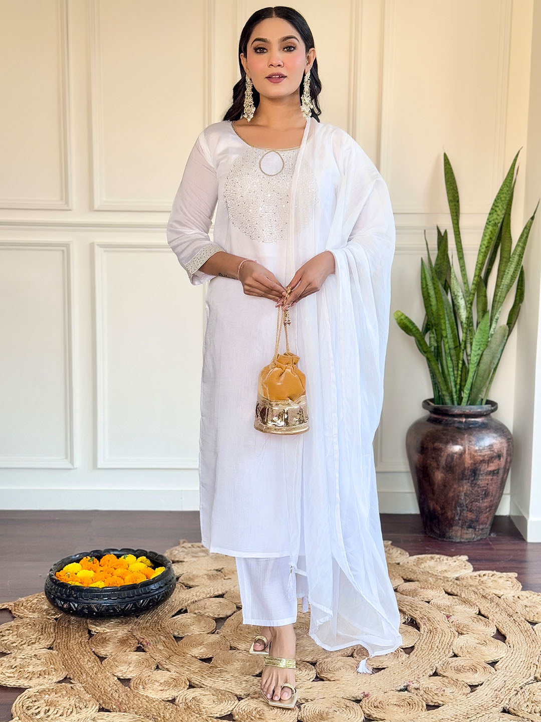 White Color Chanderi Kurta With Bottom &amp; Dupatta Set