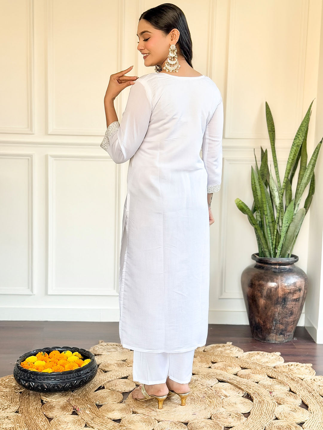 White Color Chanderi Kurta With Bottom &amp; Dupatta Set