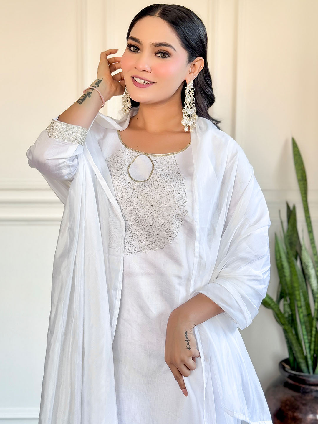 White Color Chanderi Kurta With Bottom &amp; Dupatta Set