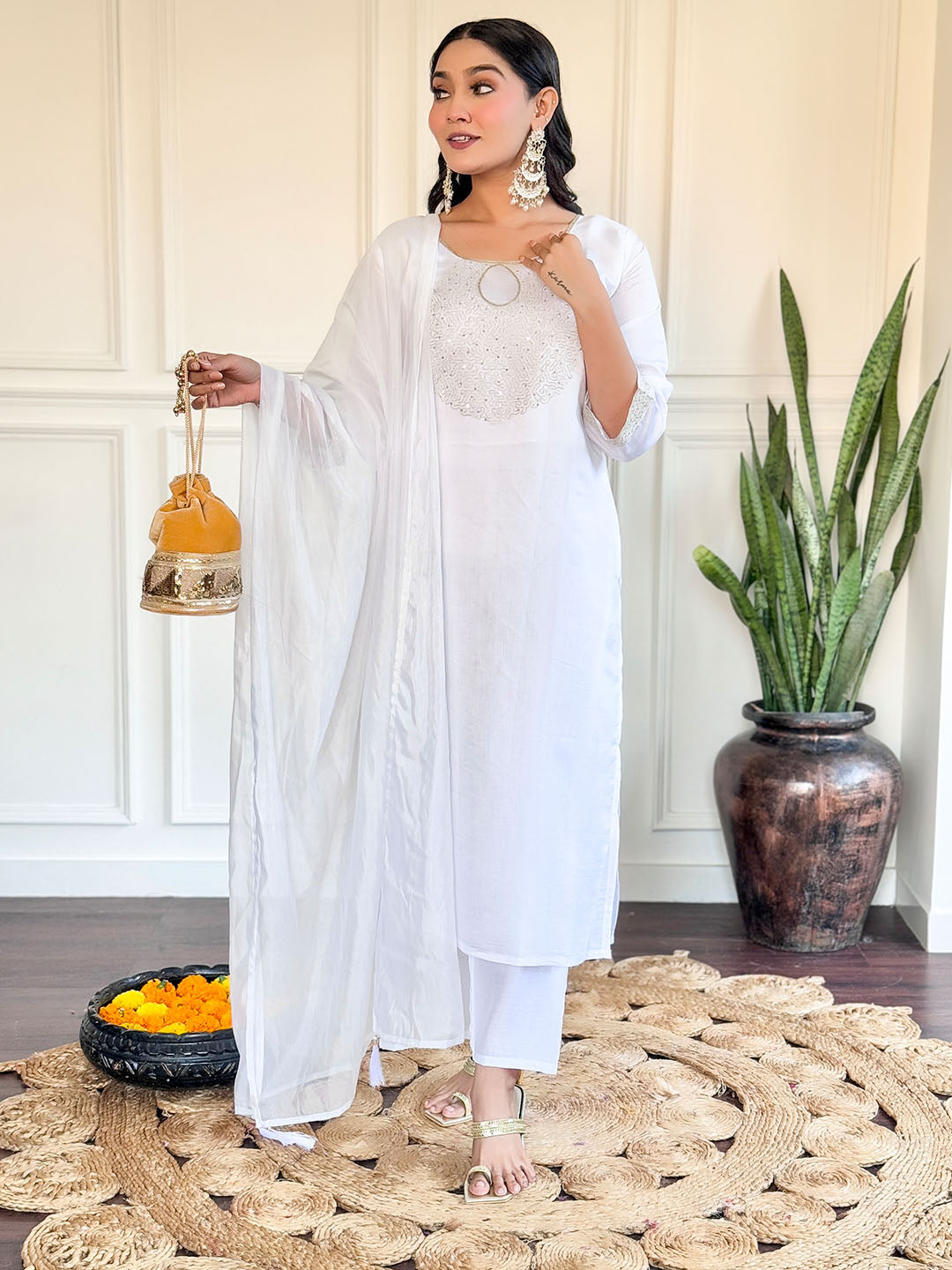 White Color Chanderi Kurta With Bottom &amp; Dupatta Set