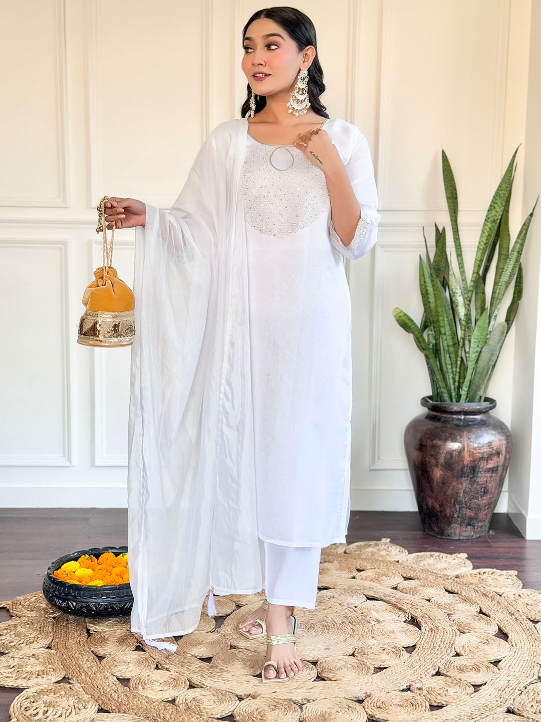 White Color Chanderi Kurta With Bottom &amp; Dupatta Set