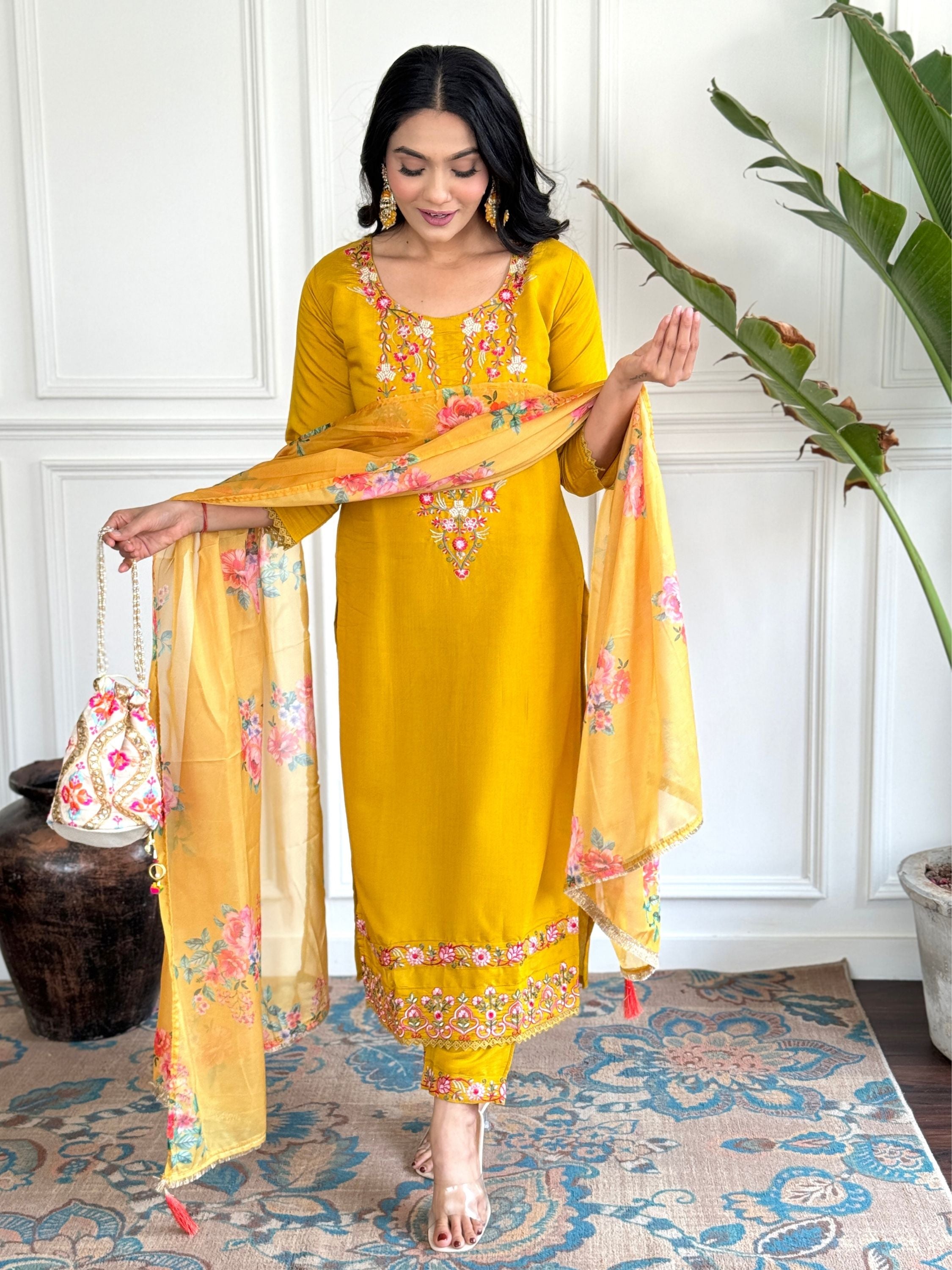 Yellow Colour Chanderi Floral Embroidered Kurta With Bottom & Dupatta Set