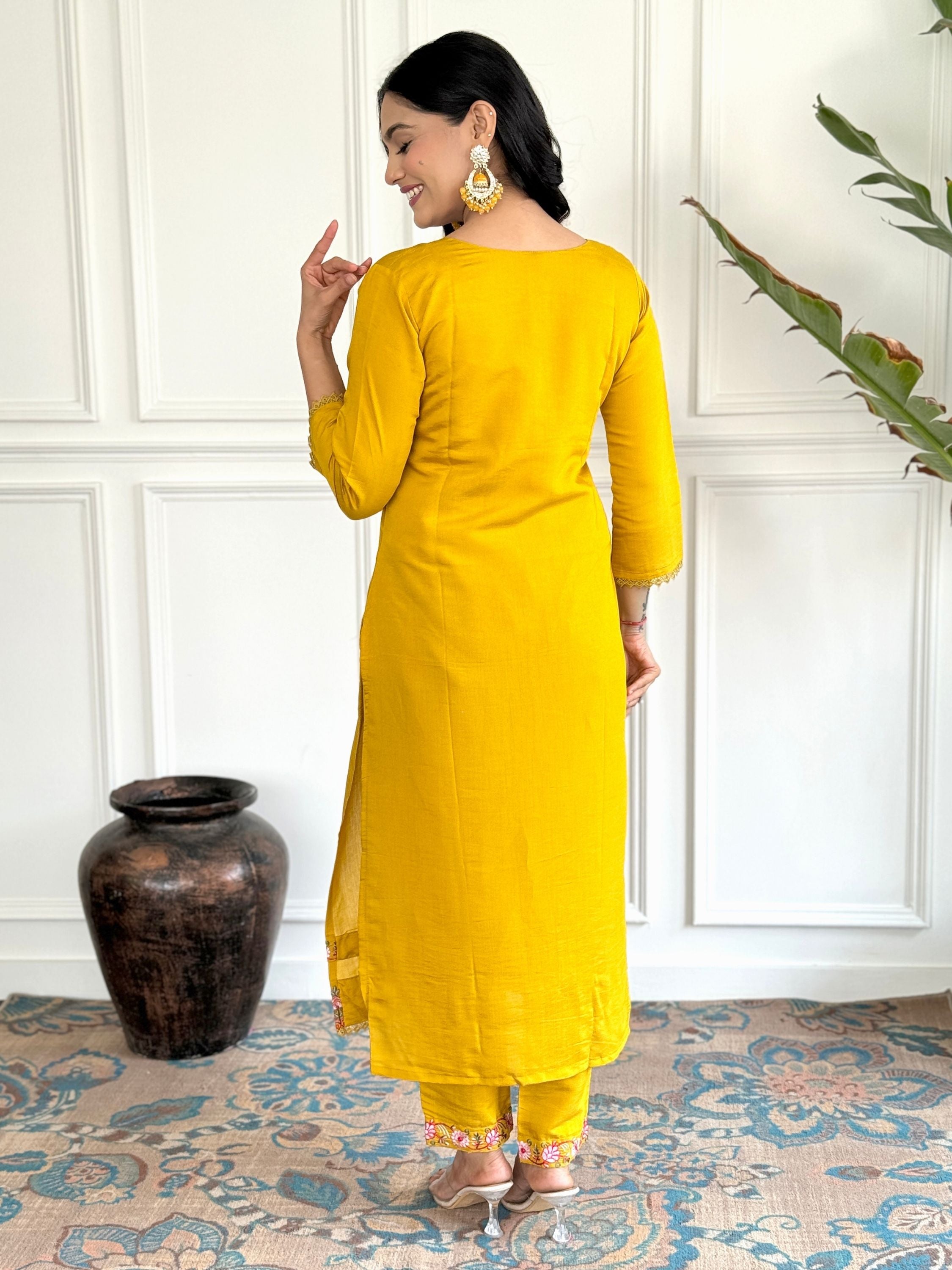 Yellow Colour Chanderi Floral Embroidered Kurta With Bottom & Dupatta Set