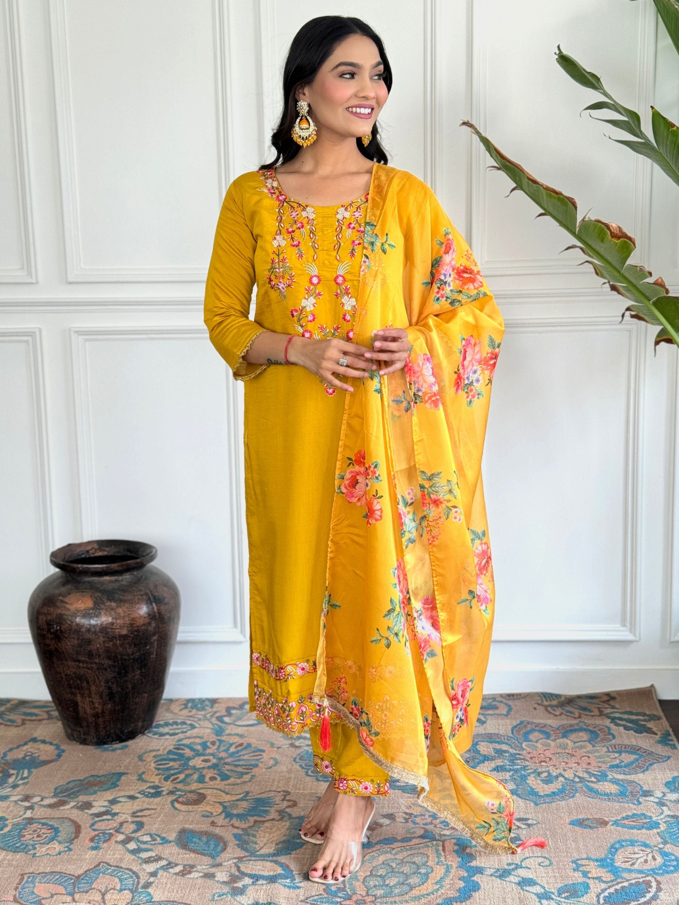 Yellow Colour Chanderi Floral Embroidered Kurta With Bottom & Dupatta Set