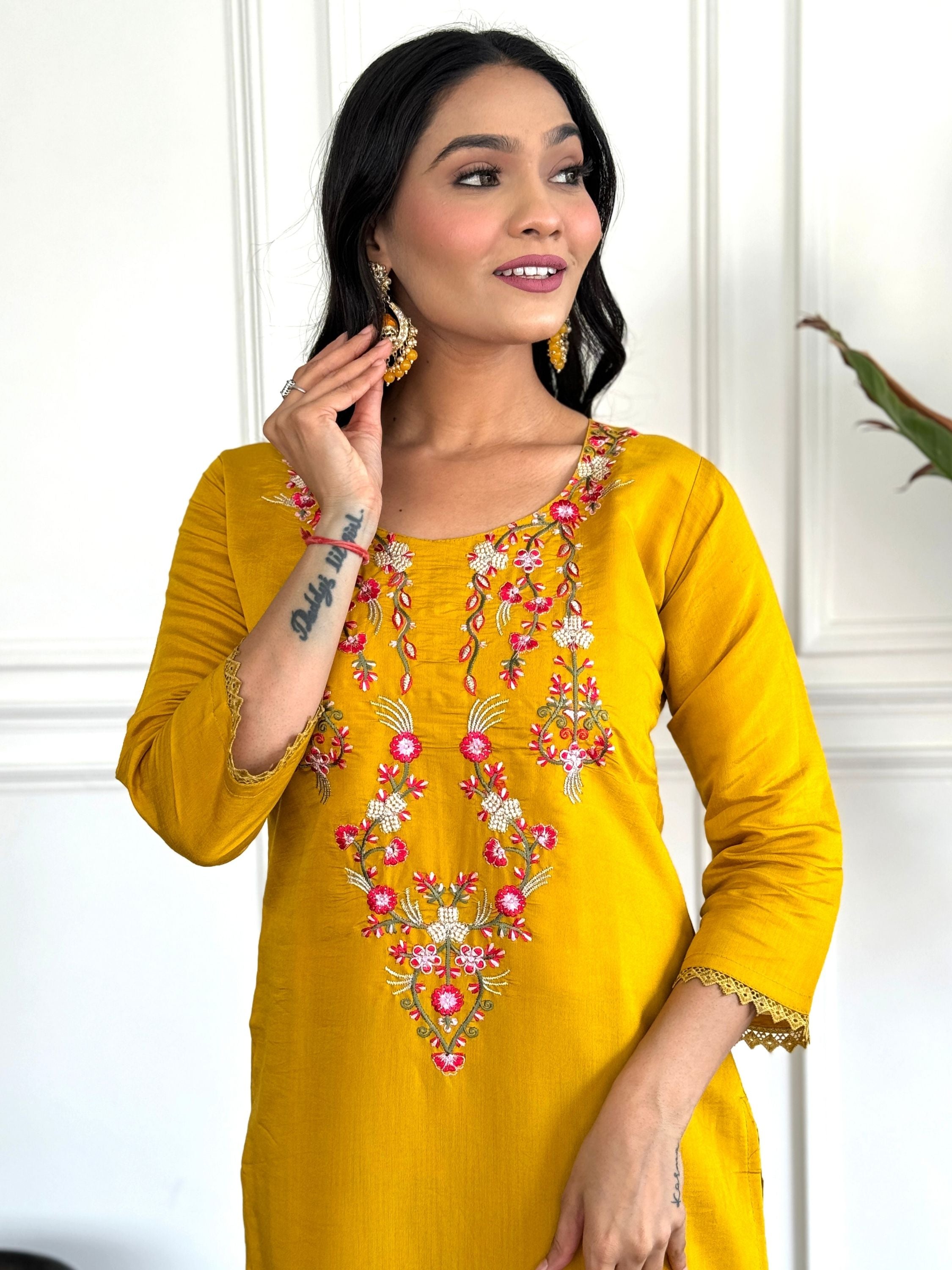 Yellow Colour Chanderi Floral Embroidered Kurta With Bottom & Dupatta Set