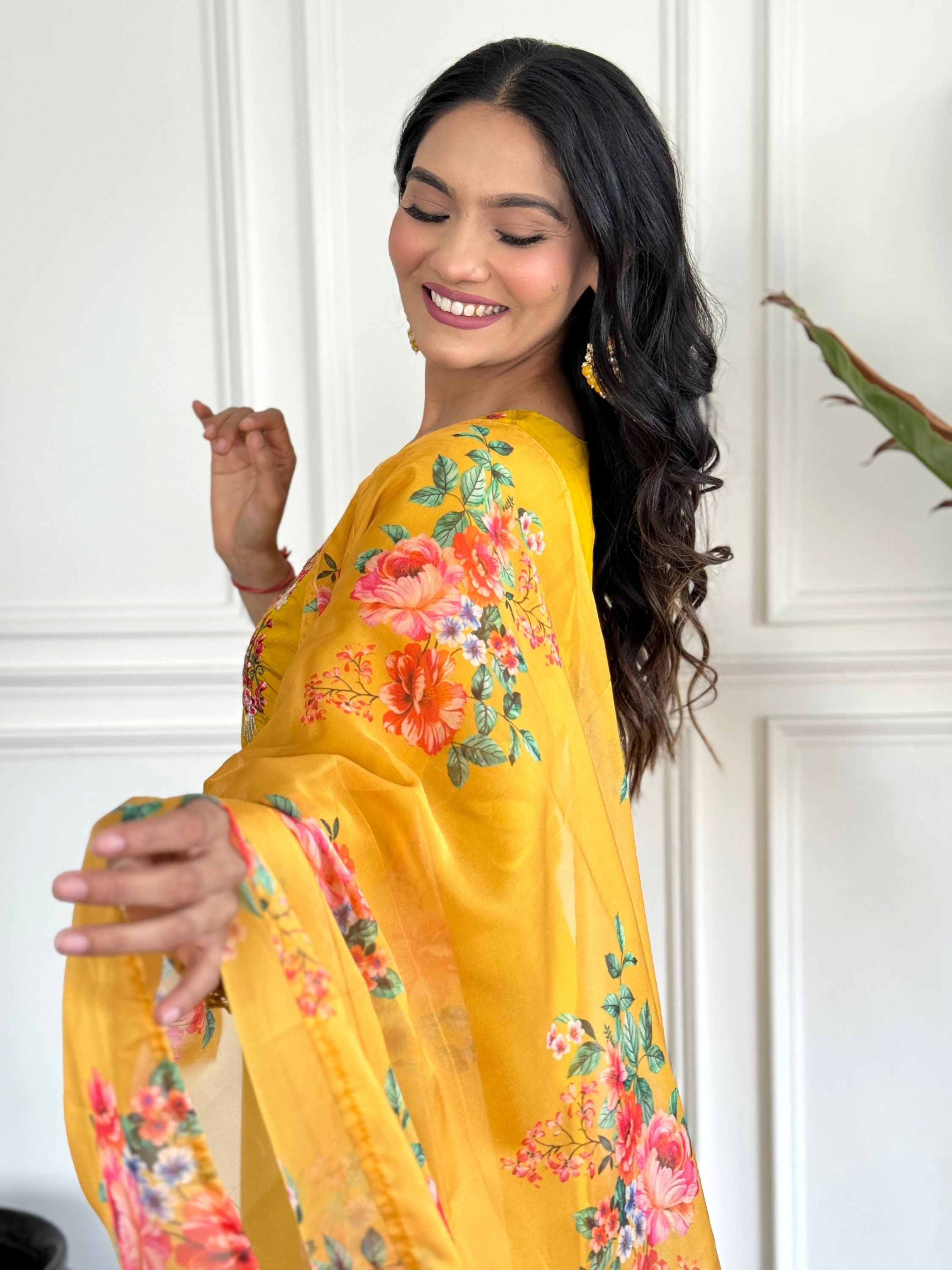 Yellow Colour Chanderi Floral Embroidered Kurta With Bottom & Dupatta Set