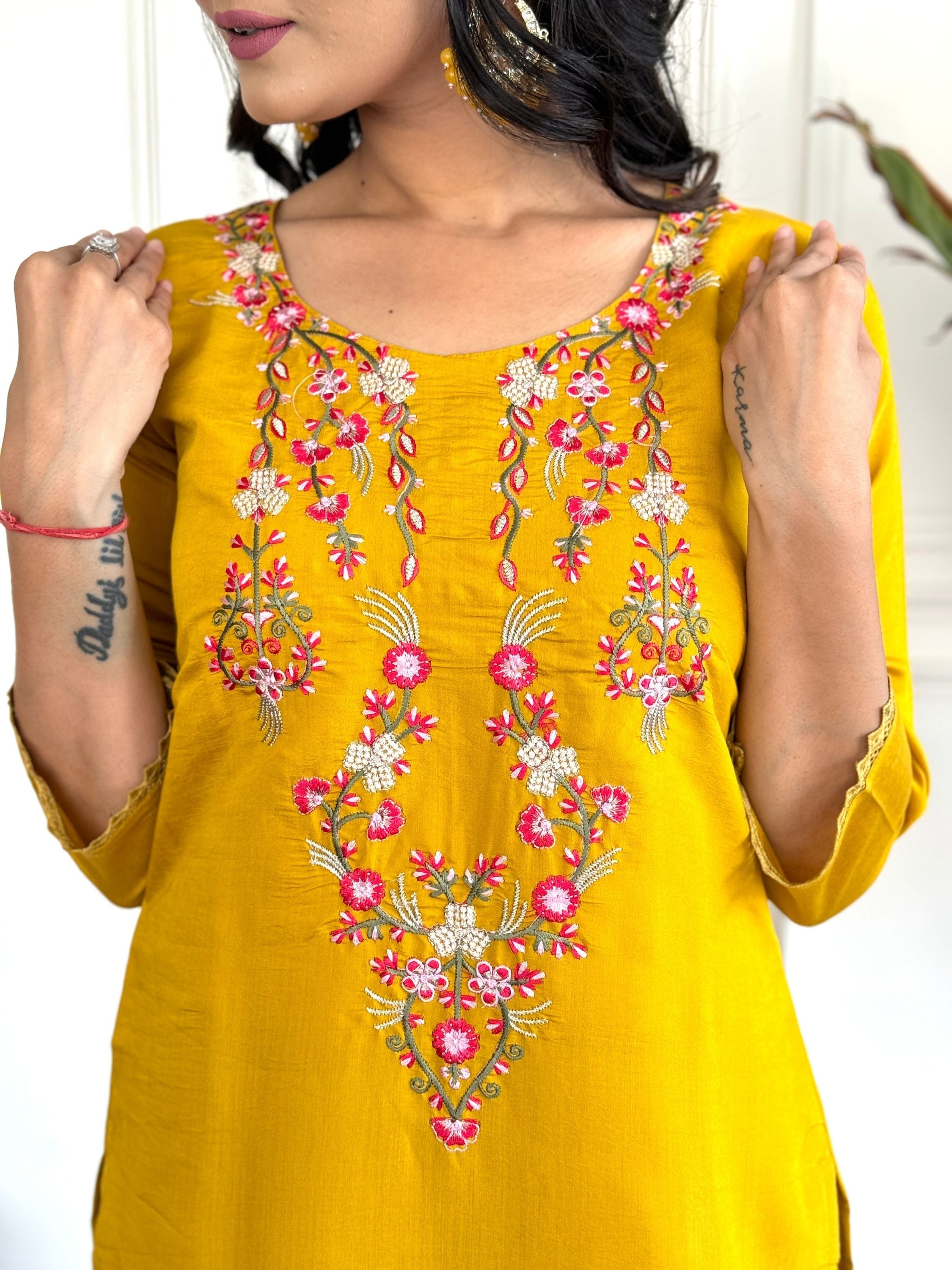 Yellow Colour Chanderi Floral Embroidered Kurta With Bottom & Dupatta Set