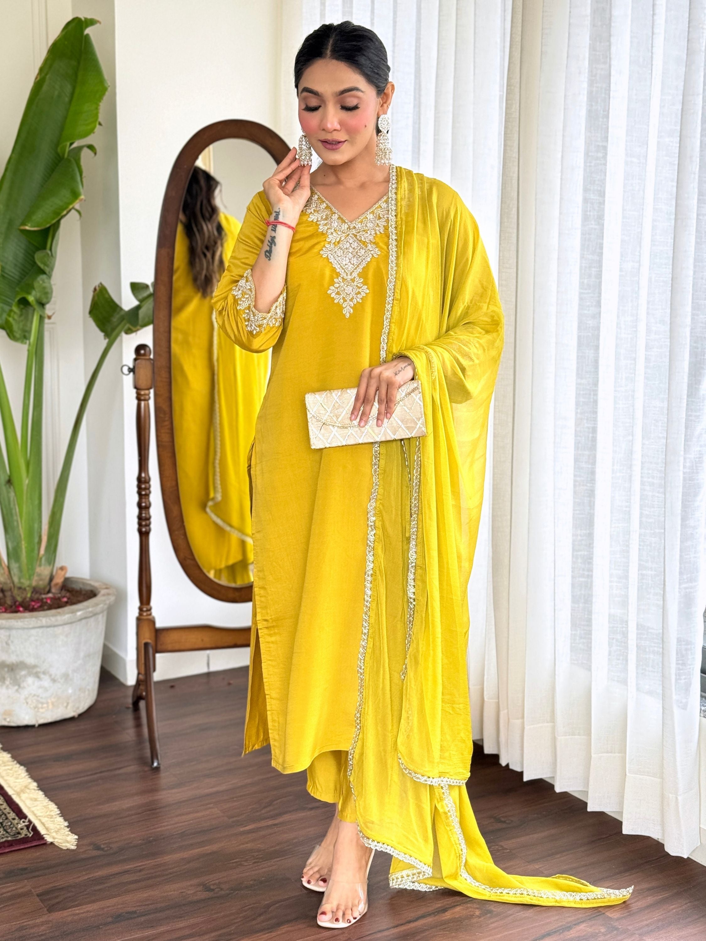 Yellow Colour Chanderi Embroidered Kurta With Bottom & Dupatta Set