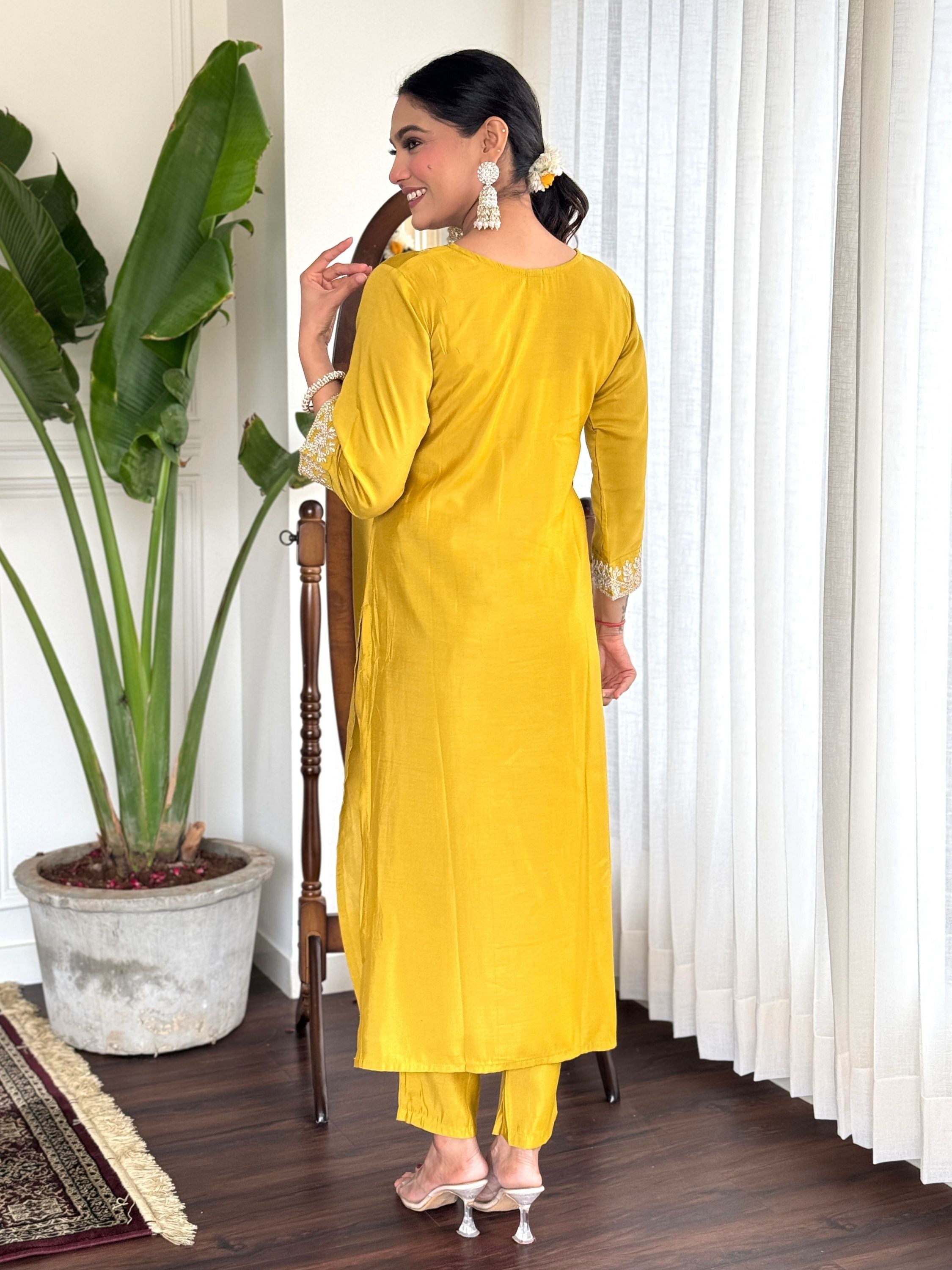 Yellow Colour Chanderi Embroidered Kurta With Bottom & Dupatta Set