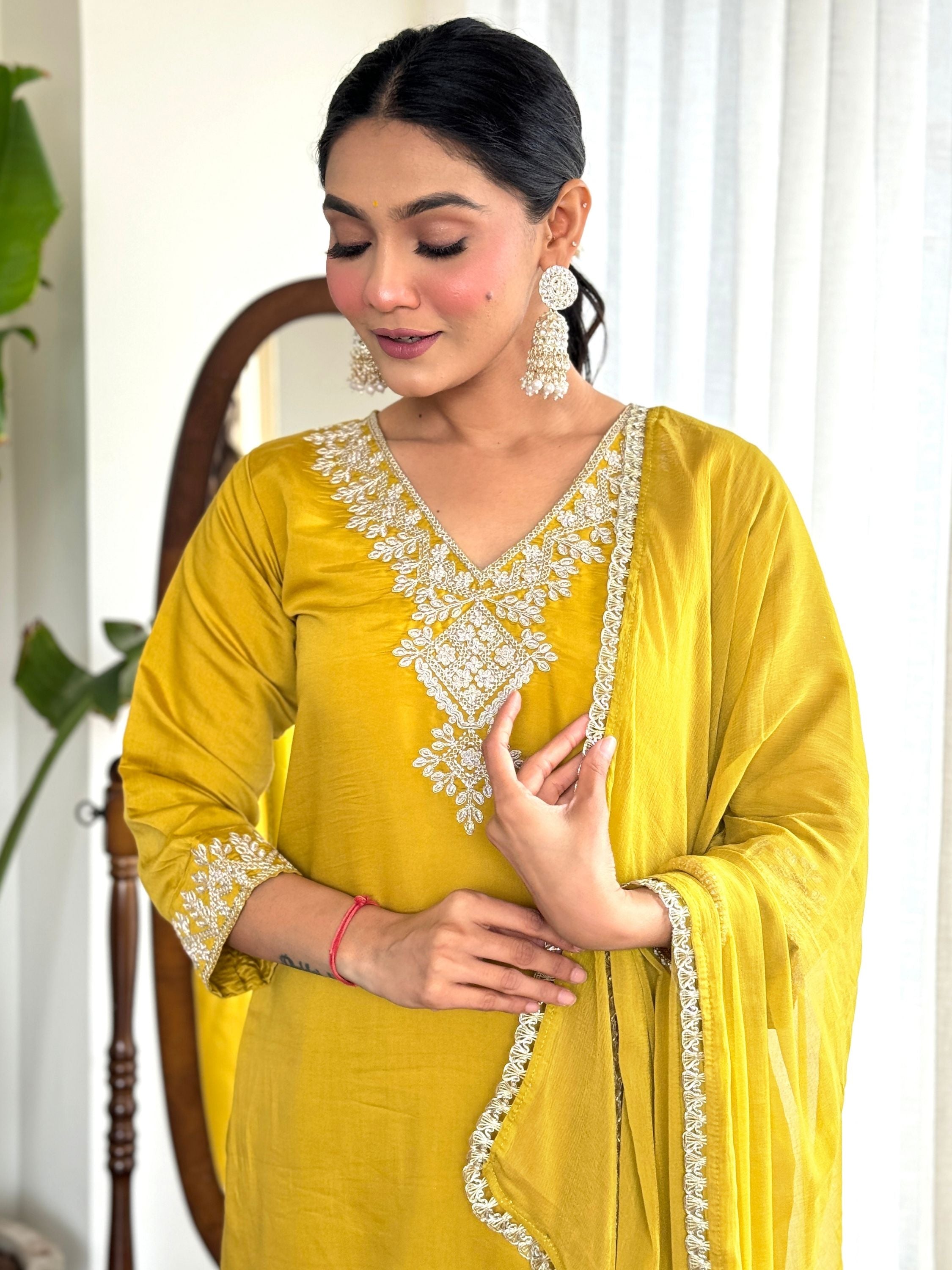 Yellow Colour Chanderi Embroidered Kurta With Bottom & Dupatta Set