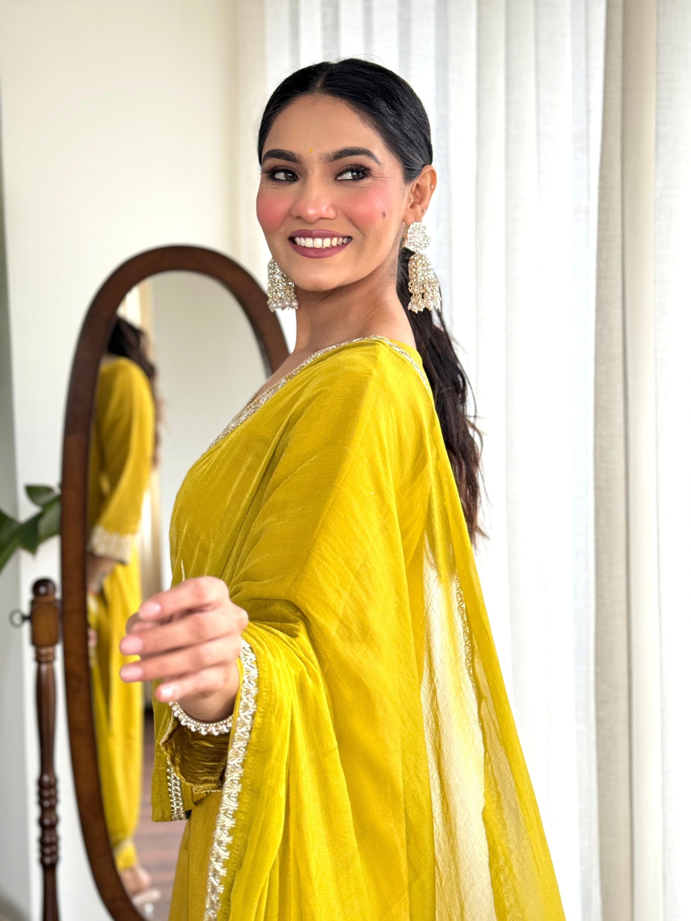 Yellow Colour Chanderi Embroidered Kurta With Bottom & Dupatta Set