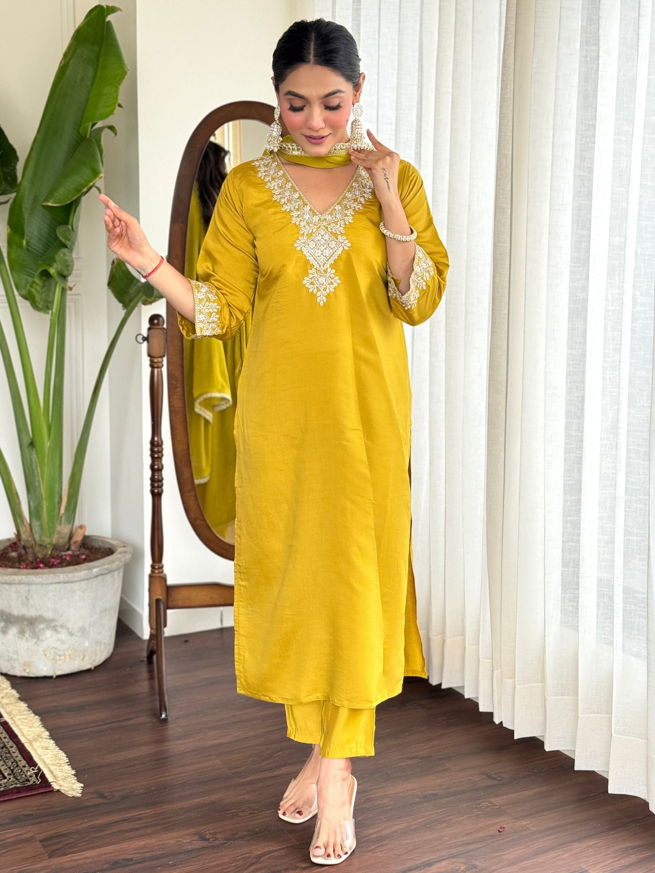 Yellow Colour Chanderi Embroidered Kurta With Bottom & Dupatta Set