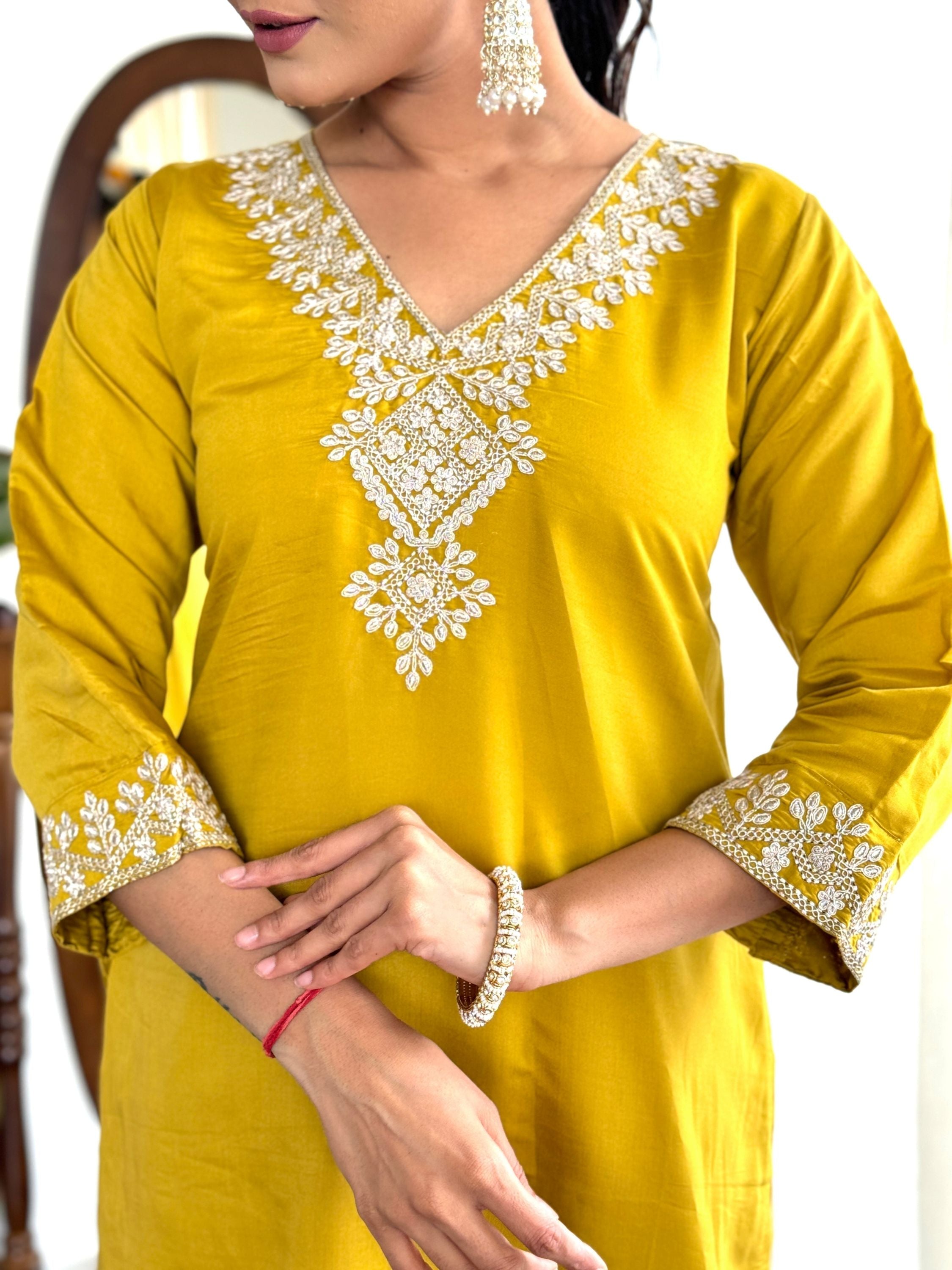 Yellow Colour Chanderi Embroidered Kurta With Bottom & Dupatta Set