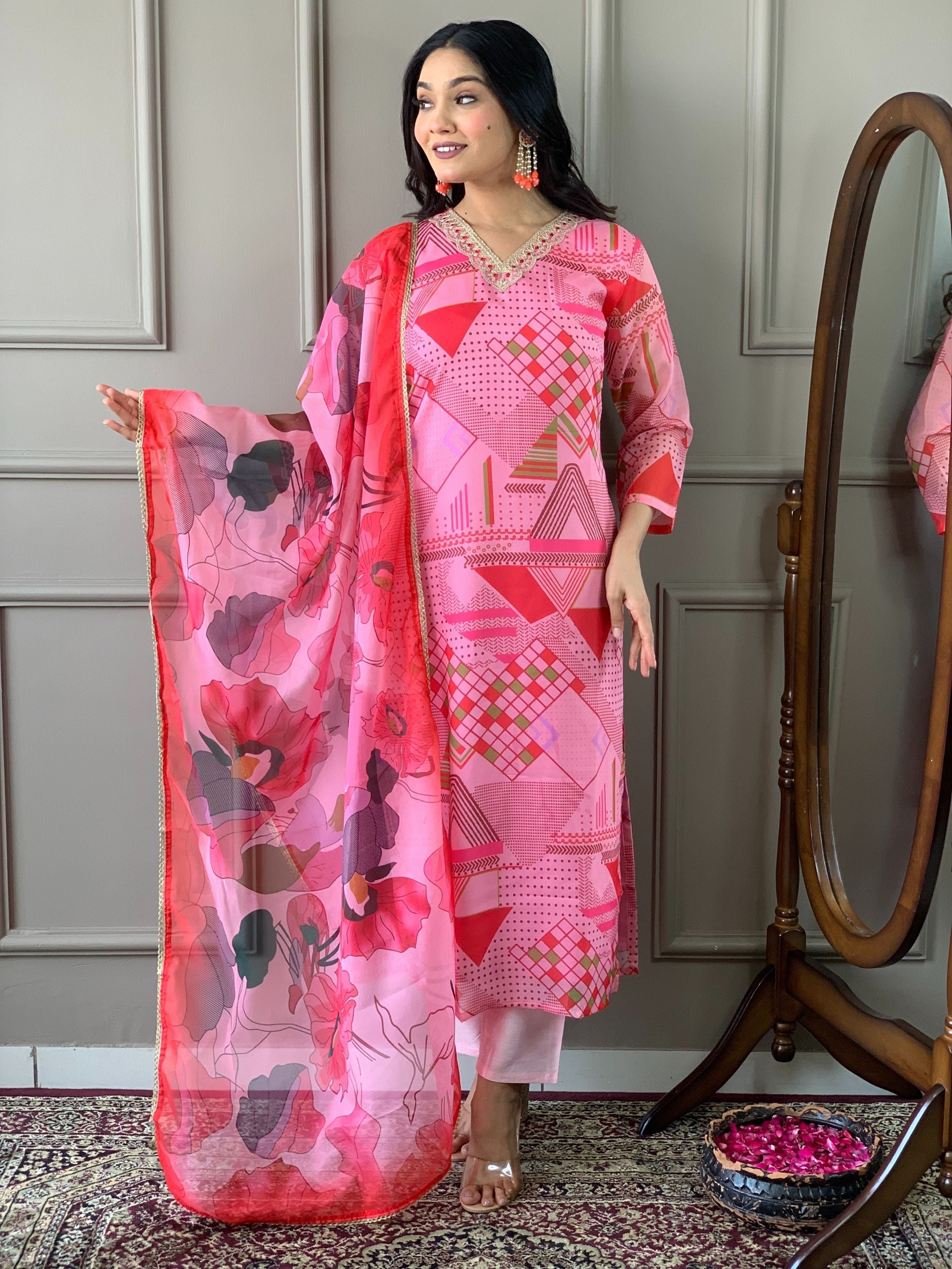 Chanderi Viscose printed Kurta With Bottom & Dupatta Set