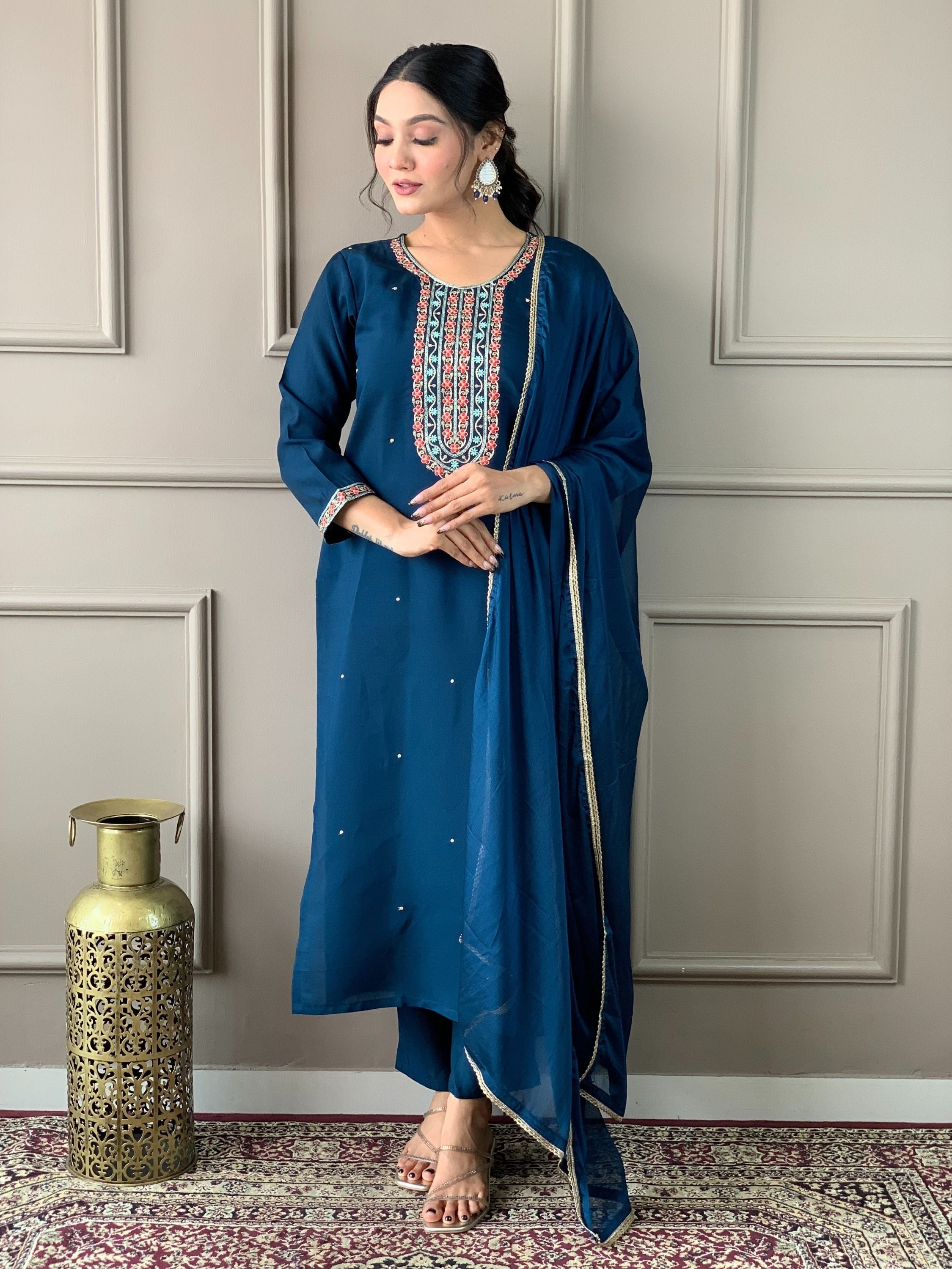 Teal Chanderi Viscose Round Neck Embroidered Kurta With Bottom & Dupatta Set