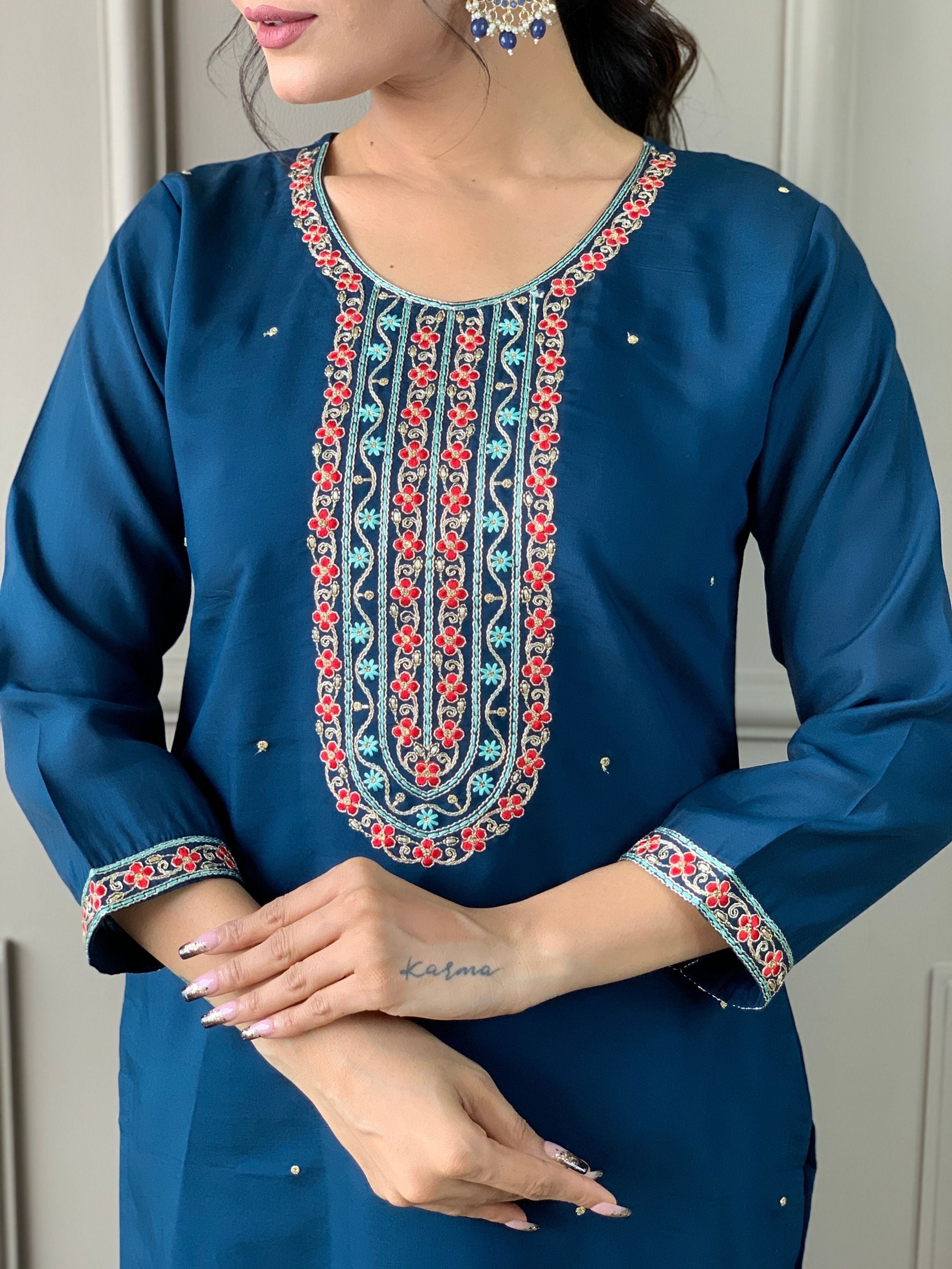 Teal Chanderi Viscose Round Neck Embroidered Kurta With Bottom & Dupatta Set