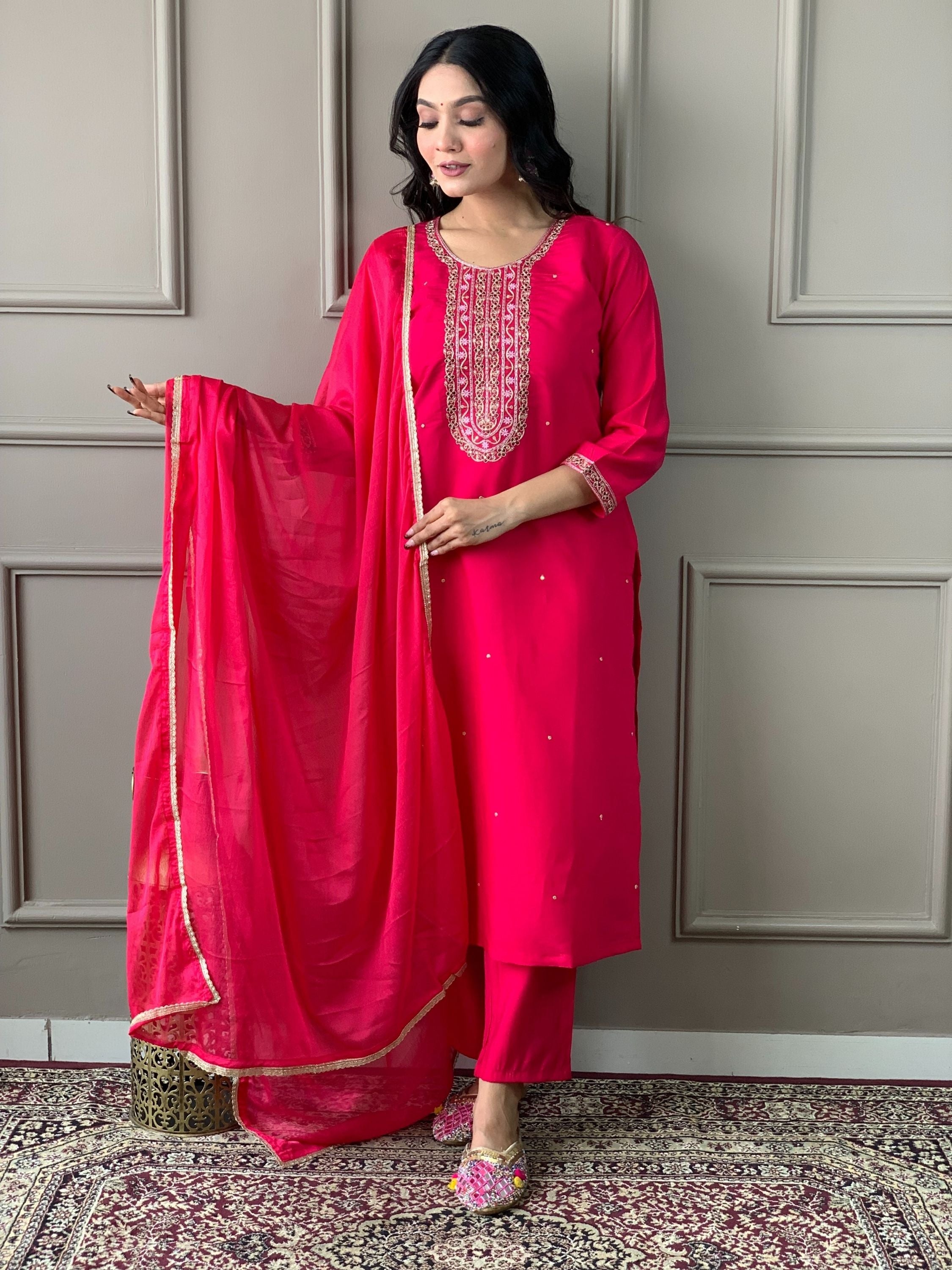 Pink Chanderi Viscose Round Neck Embroidered Kurta With Bottom & Dupatta Set