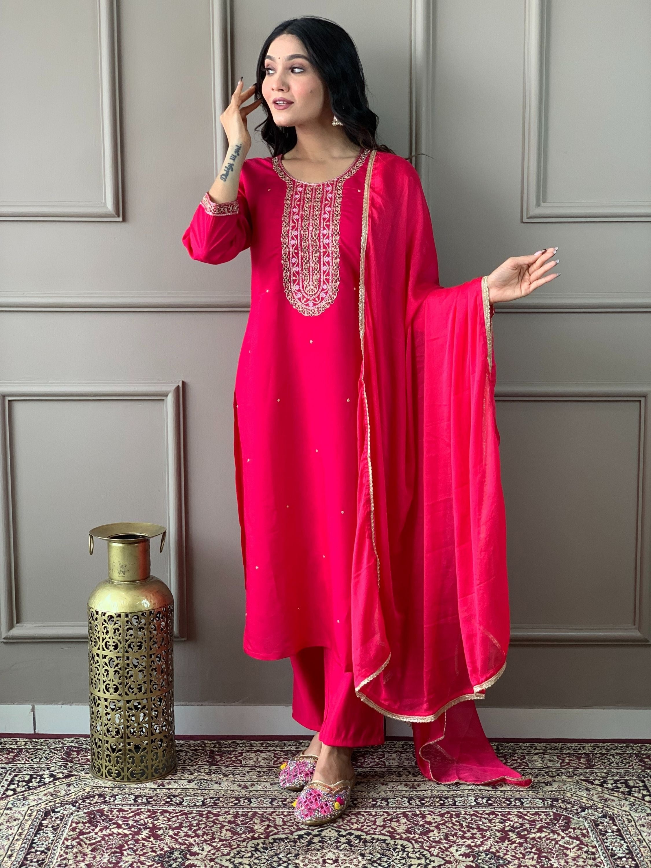 Pink Chanderi Viscose Round Neck Embroidered Kurta With Bottom & Dupatta Set