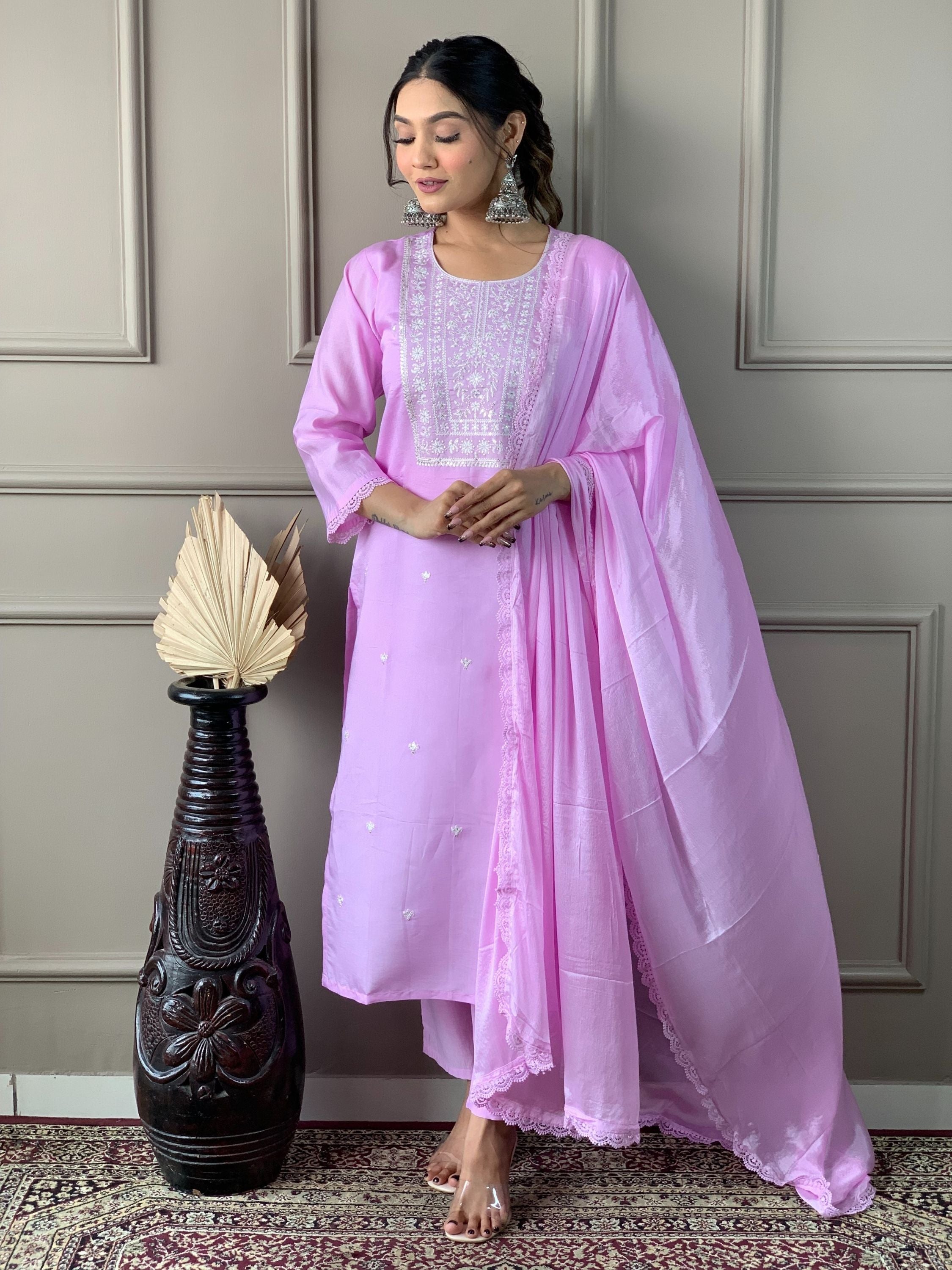 Chanderi Viscose Kurta With Bottom & Dupatta Set