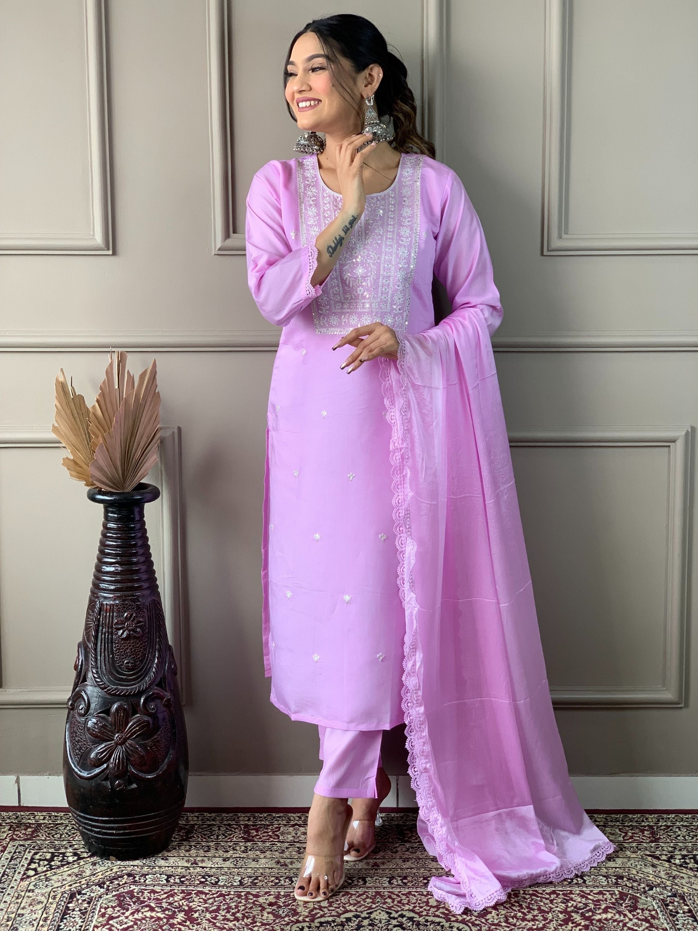 Chanderi Viscose Kurta With Bottom & Dupatta Set