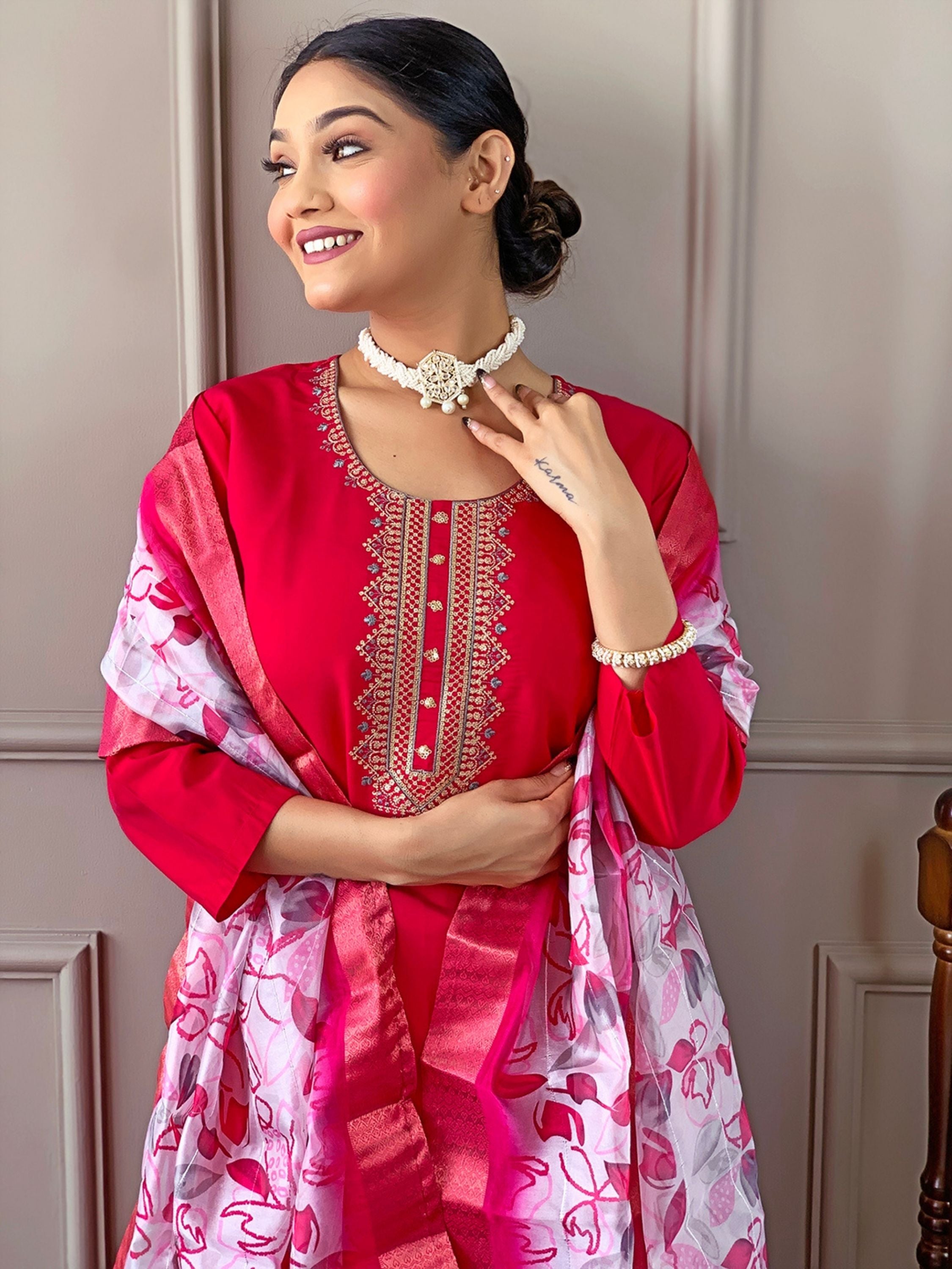 Chanderi Viscose Ethnic Embroidered Kurta With Bottom & Dupatta Set