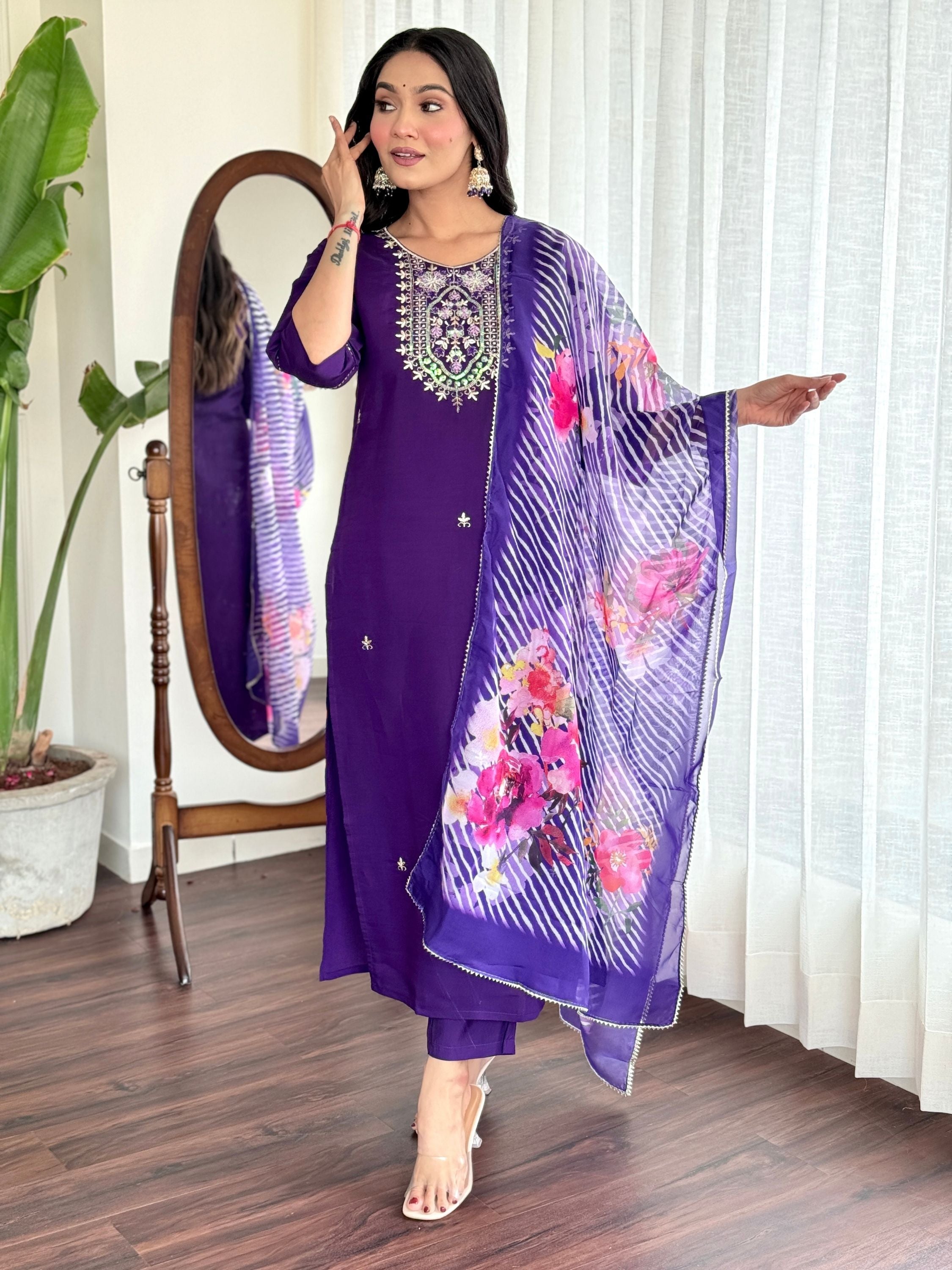 Chanderi Viscose Yoke Design Embroidered Kurta With Bottom & Dupatta Set