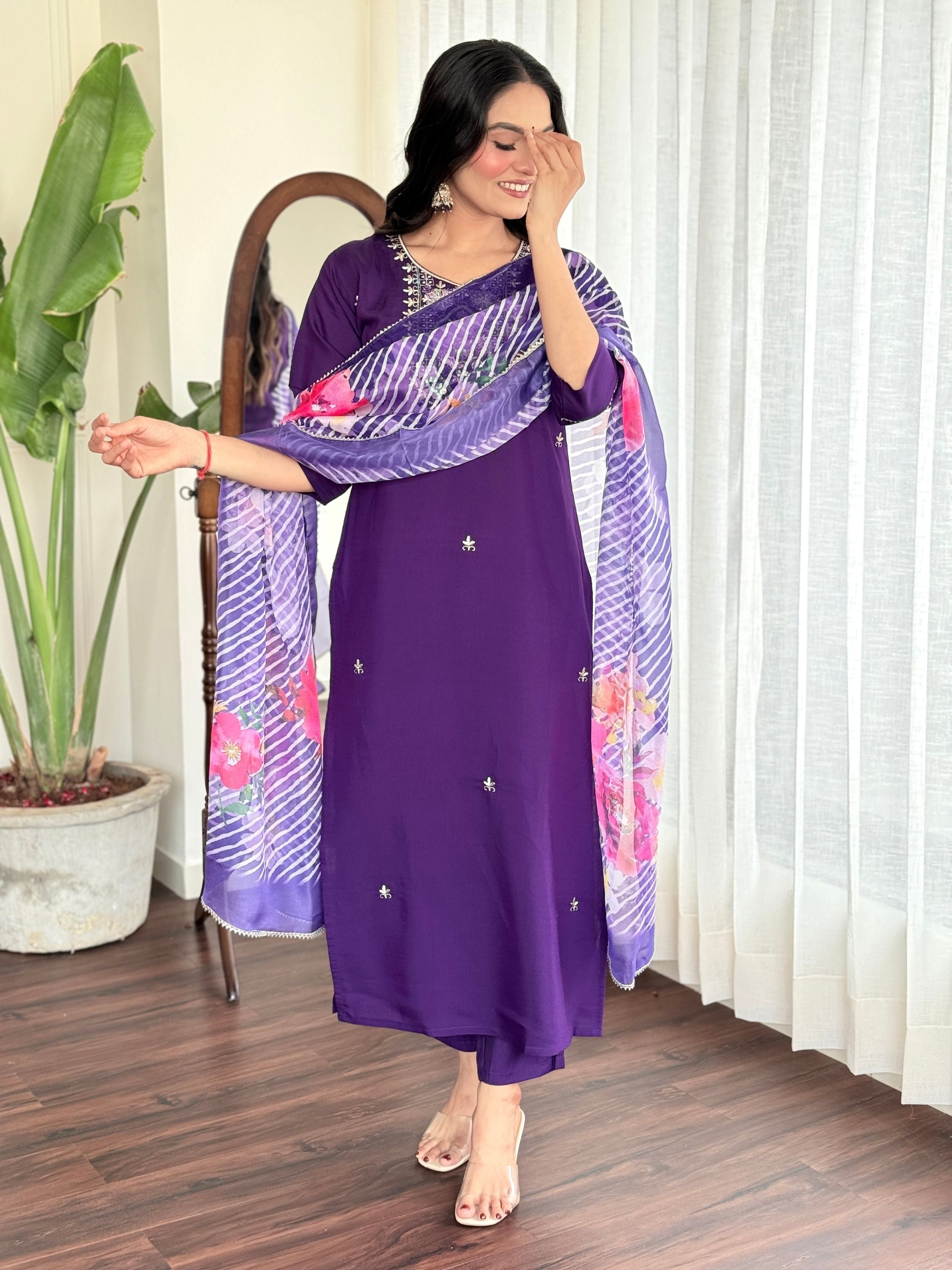 Chanderi Viscose Yoke Design Embroidered Kurta With Bottom & Dupatta Set