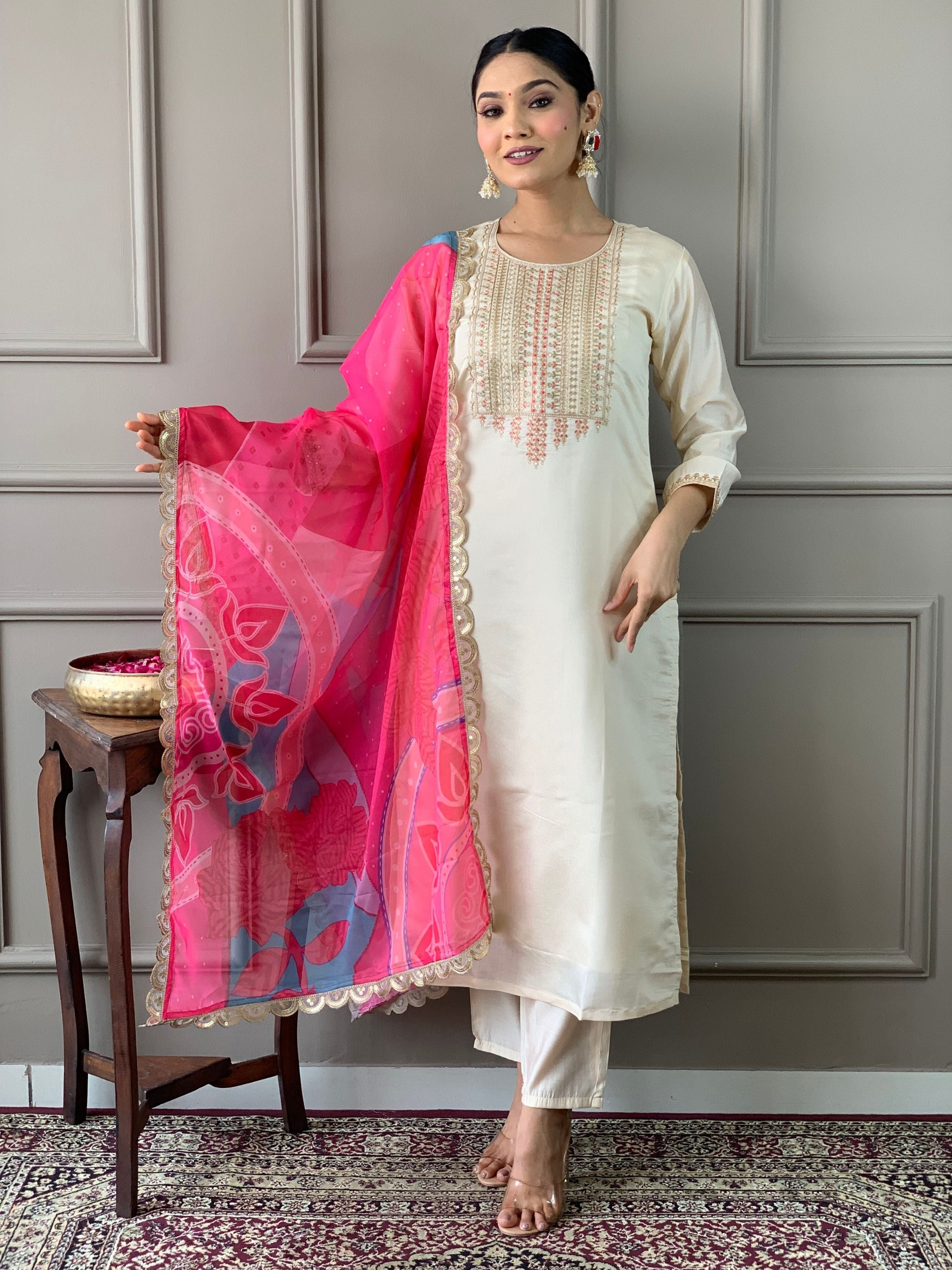 Chanderi Viscose Ethnic Yoke Design Embroidered Kurta With Bottom & Dupatta Set