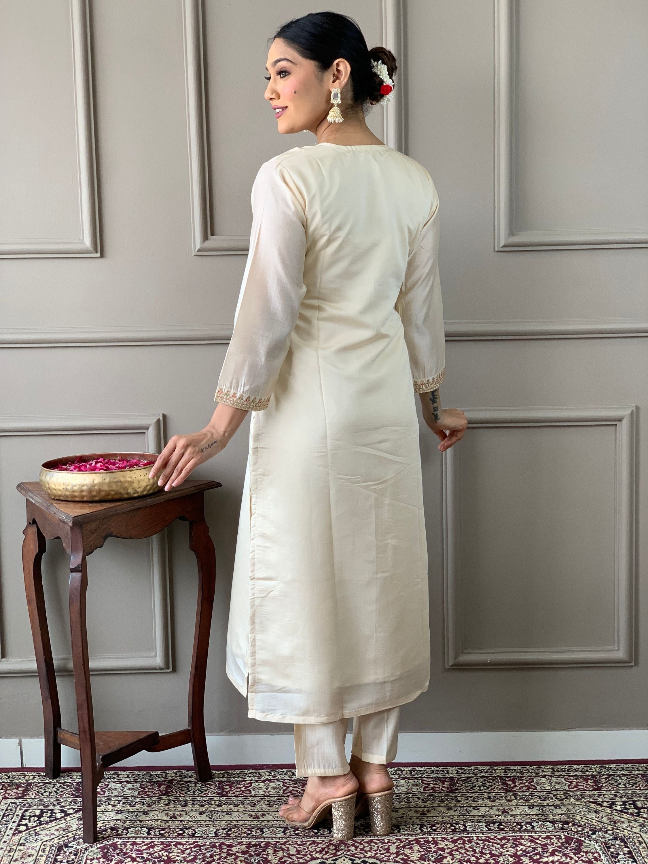 Chanderi Viscose Ethnic Yoke Design Embroidered Kurta With Bottom & Dupatta Set