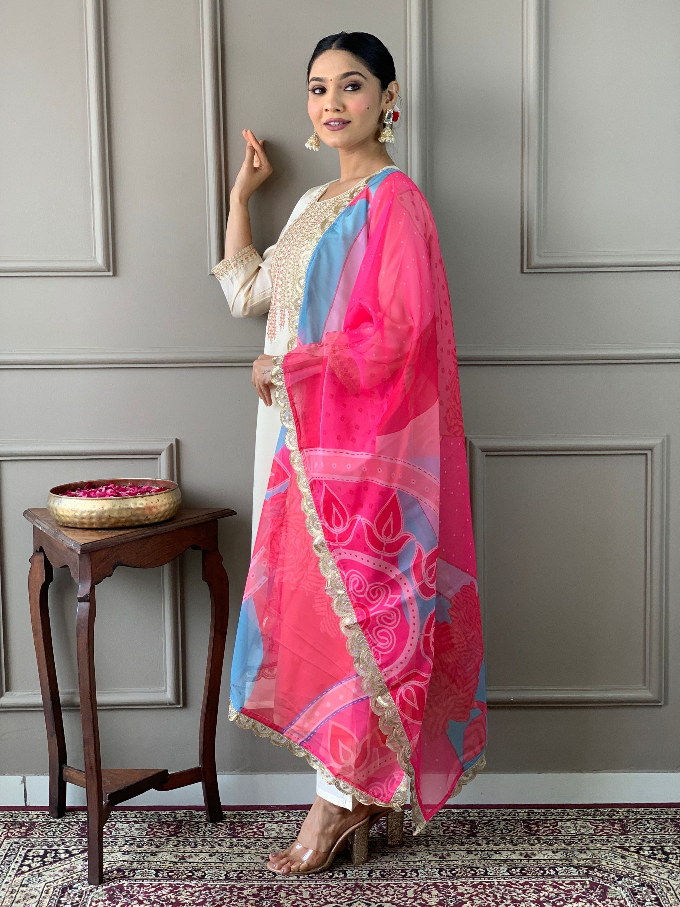 Chanderi Viscose Ethnic Yoke Design Embroidered Kurta With Bottom & Dupatta Set