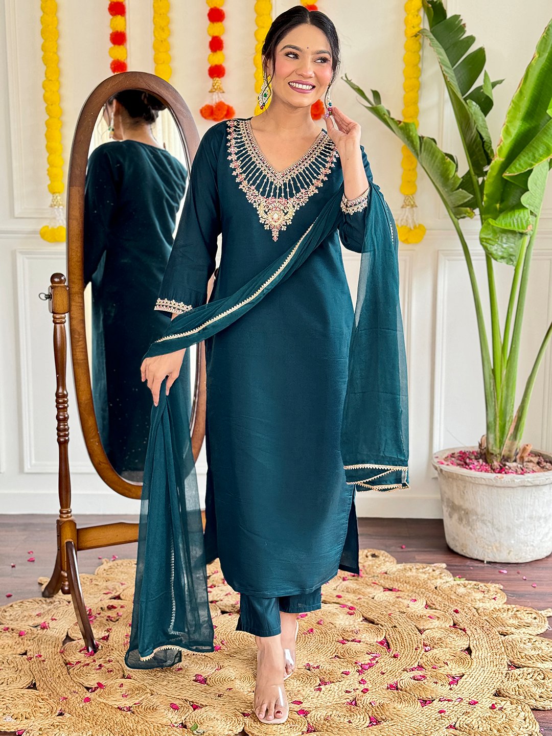 Teal Colour Viscose Chanderi Ethnic Embroidered Kurta With Bottom & Dupatta Set