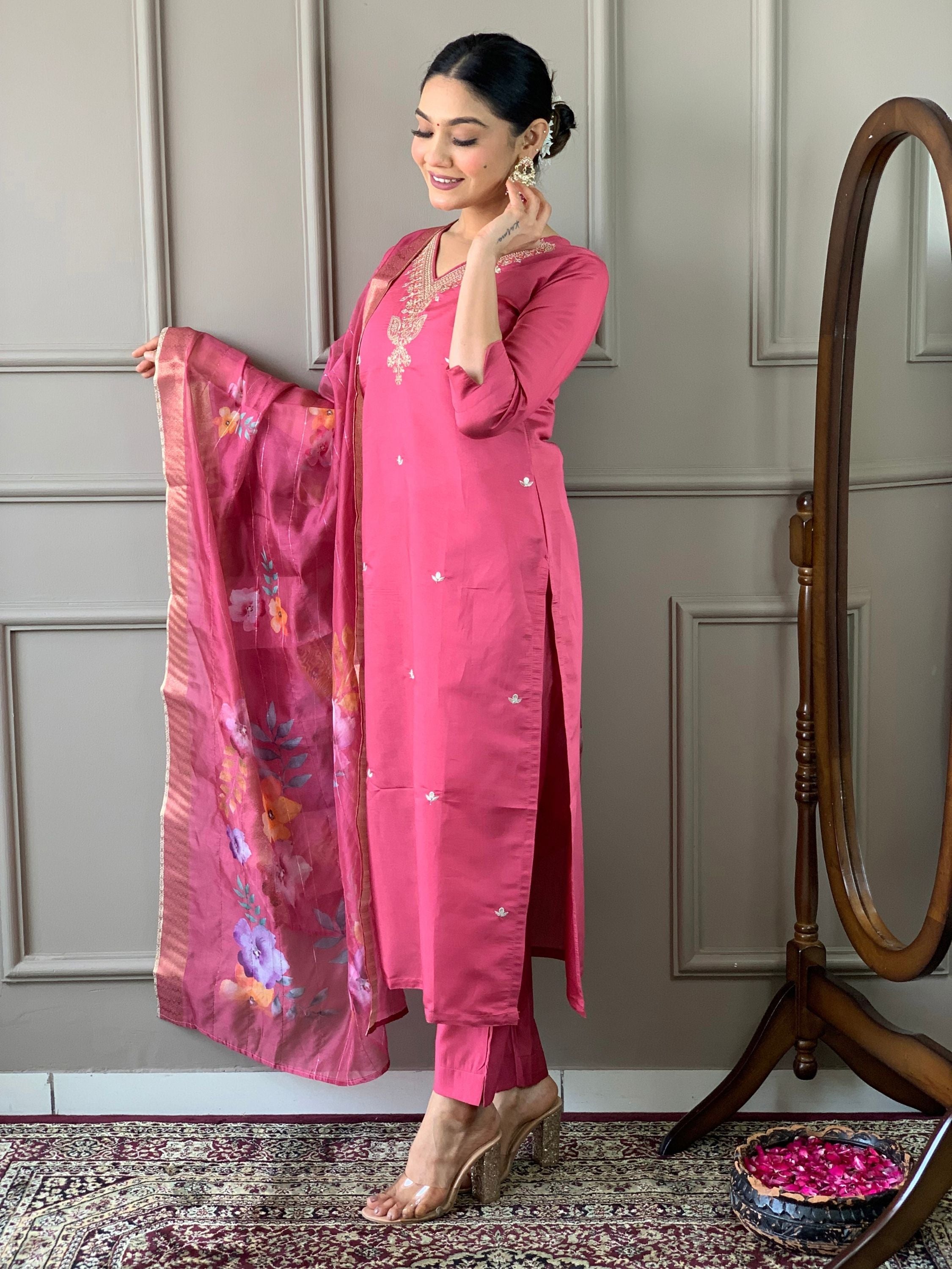 Chanderi Viscose V-Neck Embroidered Kurta With Bottom & Dupatta Set