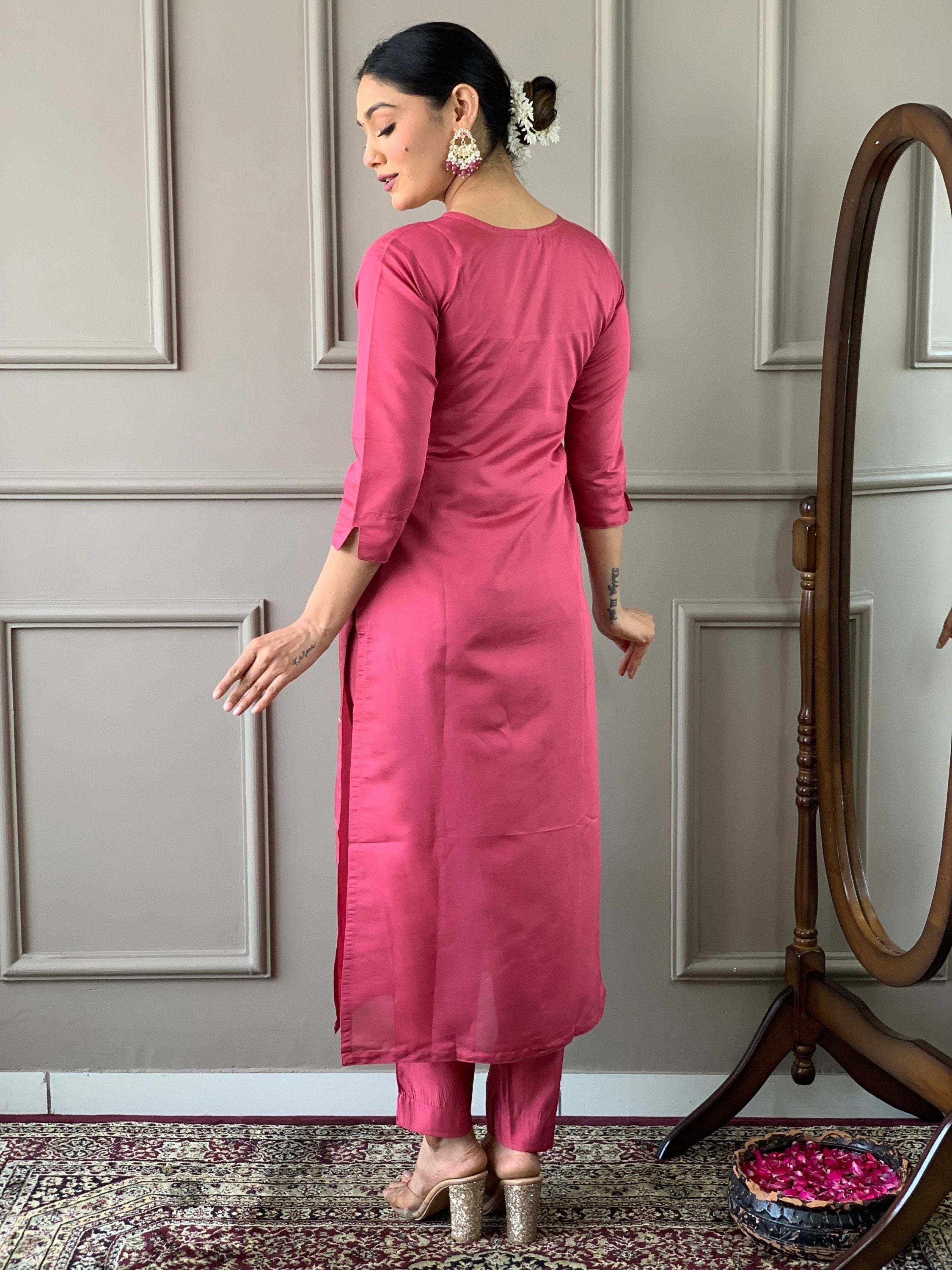 Chanderi Viscose V-Neck Embroidered Kurta With Bottom & Dupatta Set