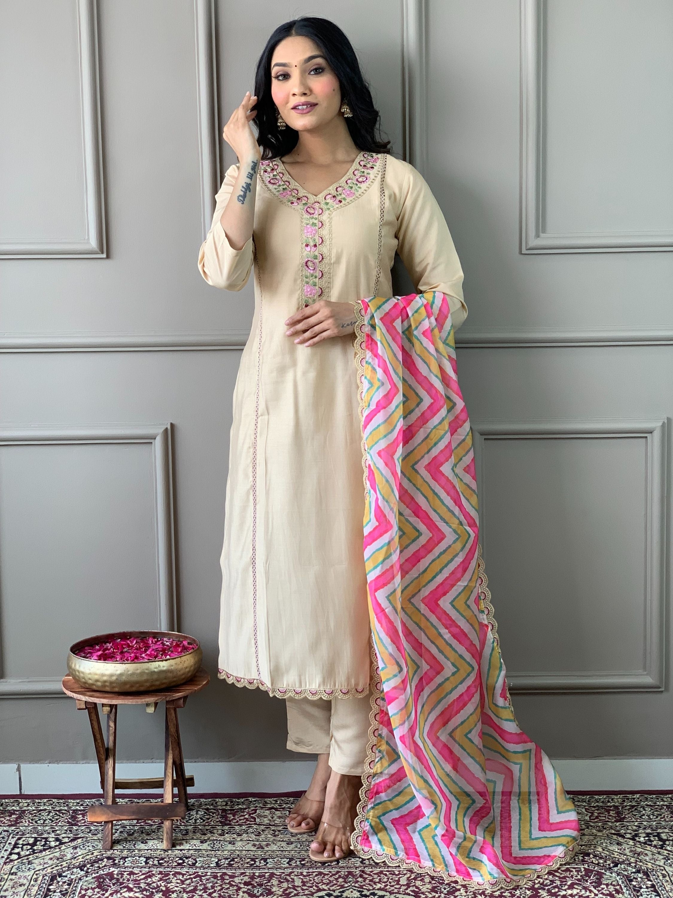 Chiku Colour Chanderi Viscose Embroidered Kurta With Bottom & Dupatta Set