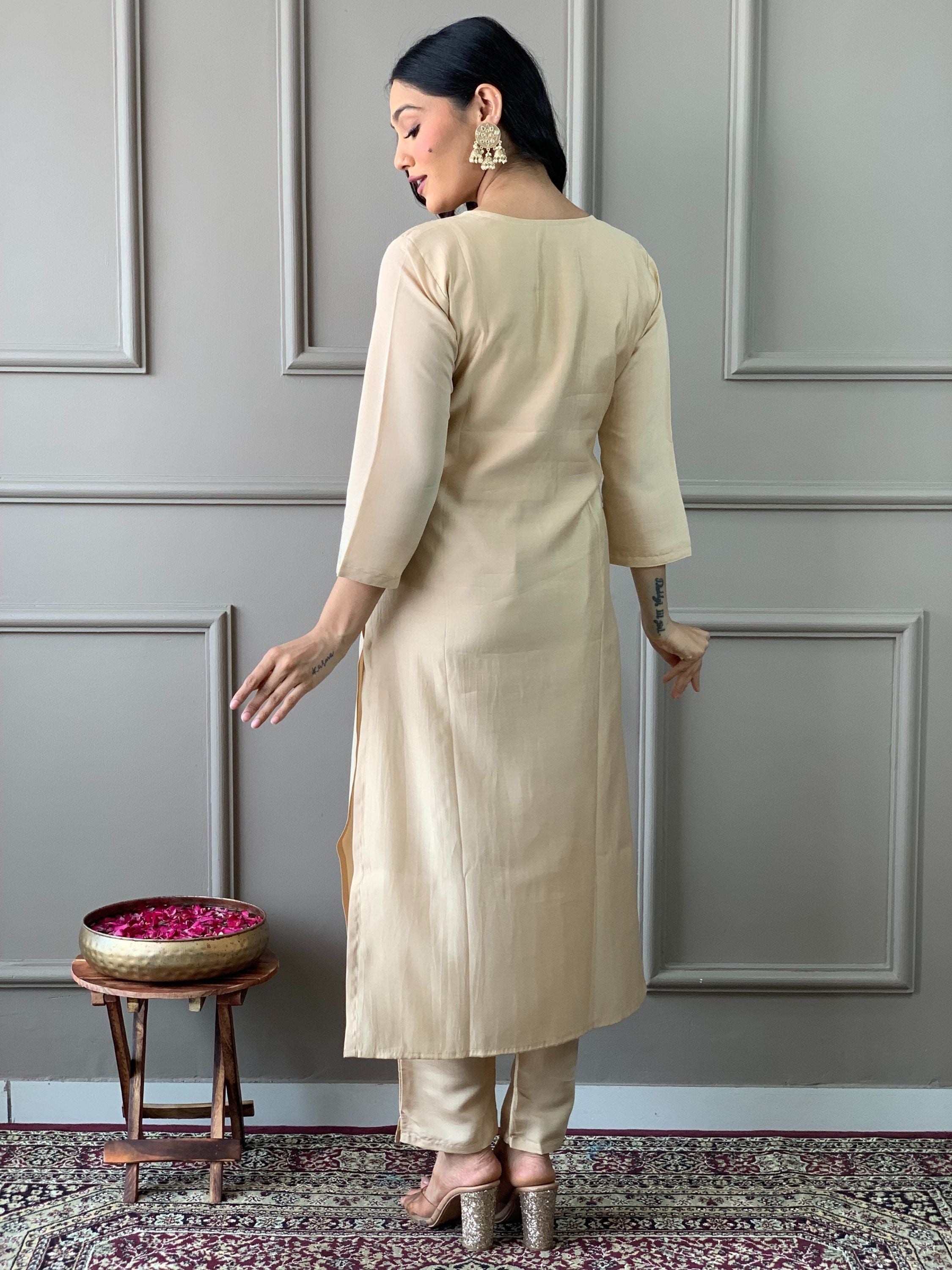 Chiku Colour Chanderi Viscose Embroidered Kurta With Bottom & Dupatta Set